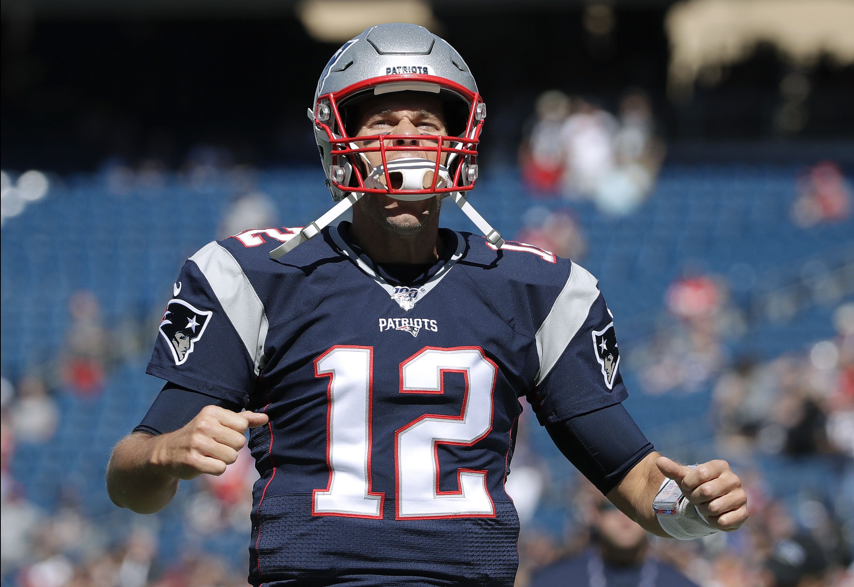 JAMES DEVELIN Patriots running back celebrates scoring a touchdown