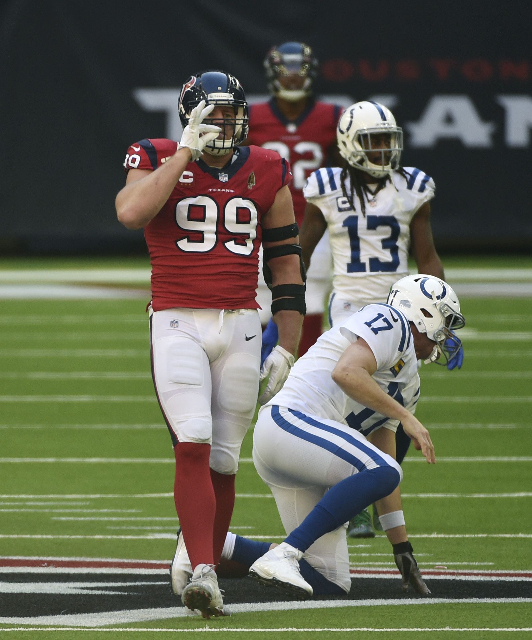 Houston Texans wide receiver Chad Hansen (17) celebrates a touchdown with  quarterback Deshaun Watson (4) n the first half of an NFL football game  against the Indianapolis Colts in Indianapolis, Sunday, Dec.