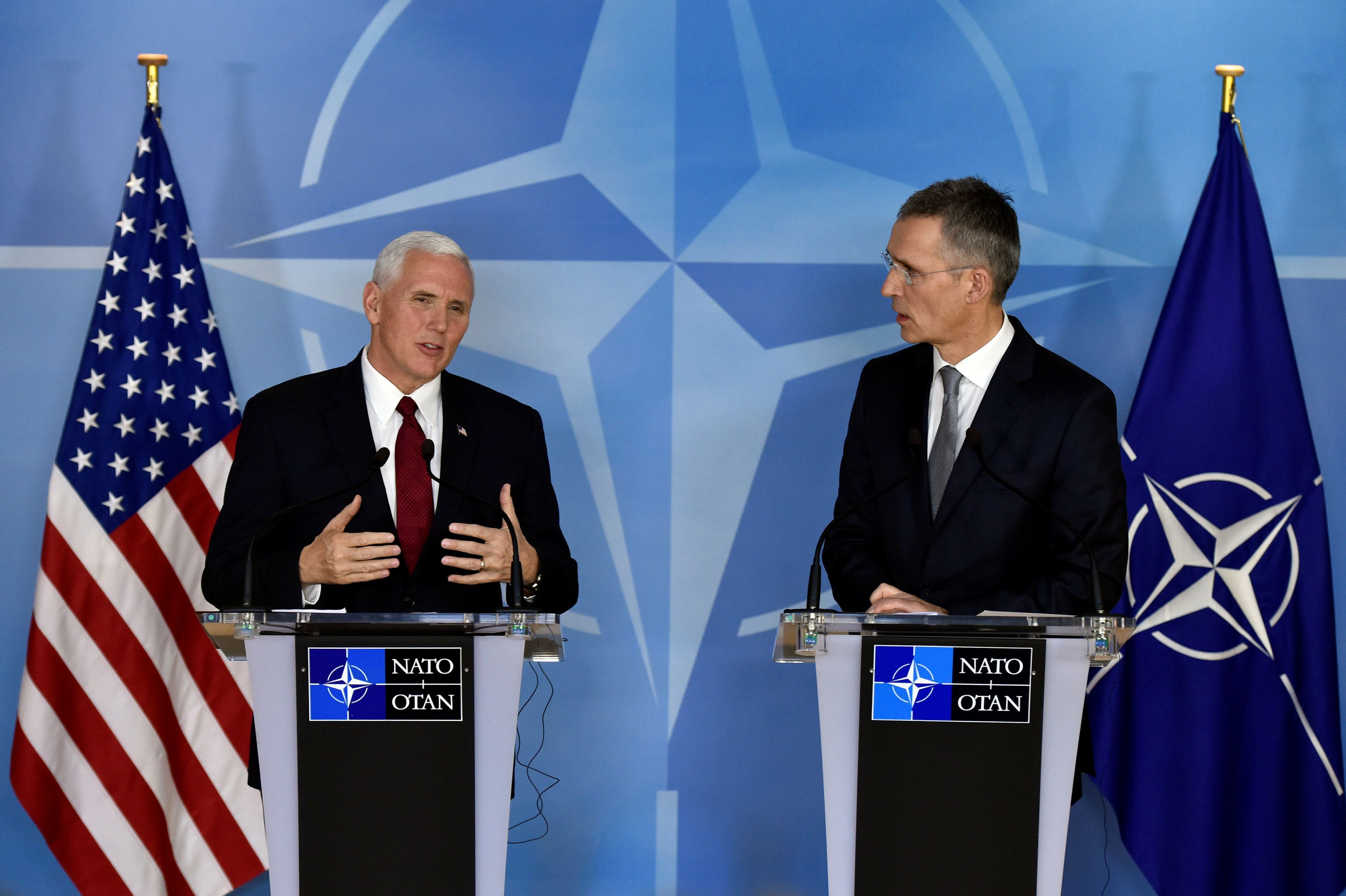 NATO Secretary-General Stoltenberg and Vice President Pence give a statement at the NATO HQ in Brussels