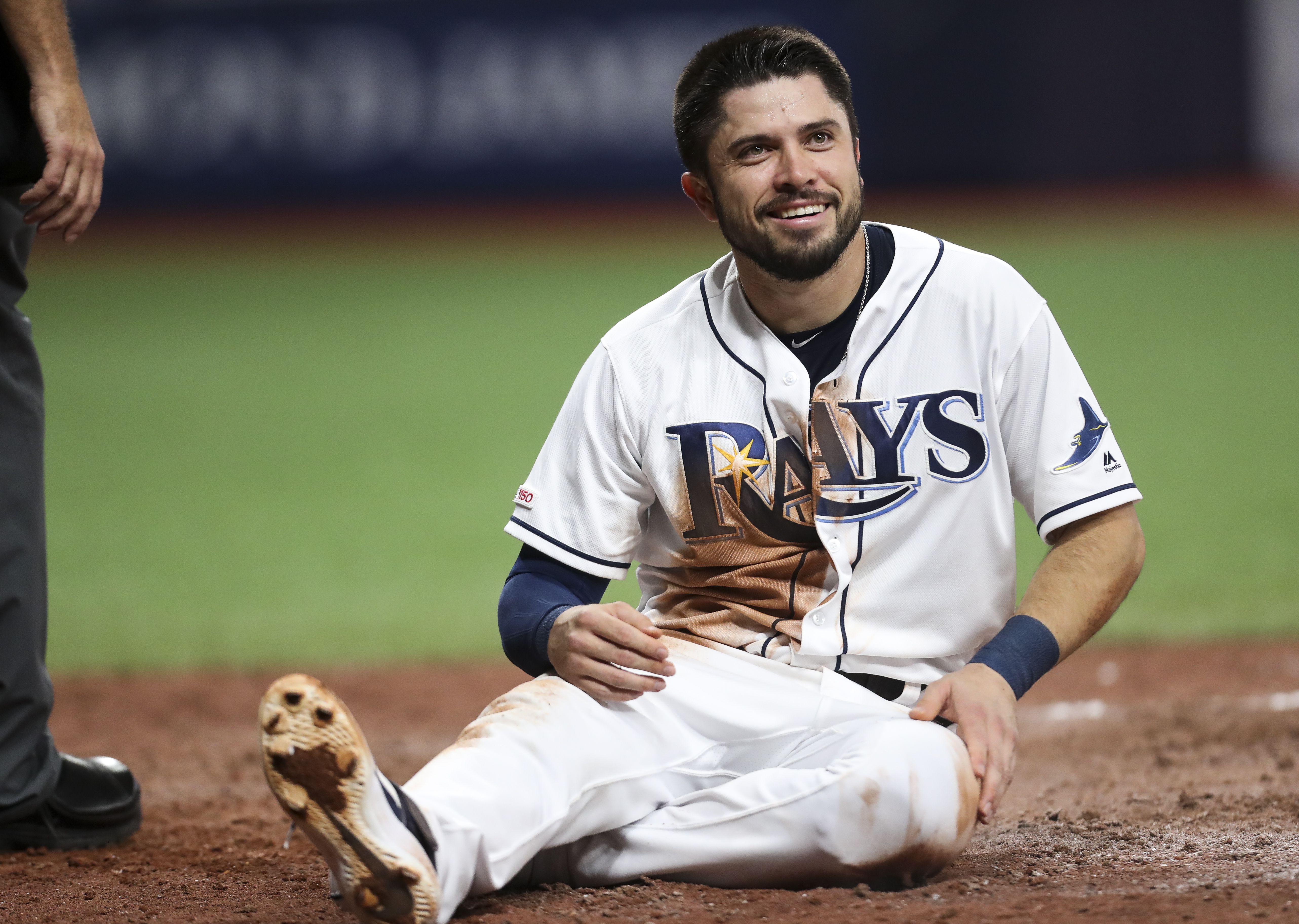 Tampa Bay Rays' Travis d'Arnaud, right, celebrates with Tommy Pham