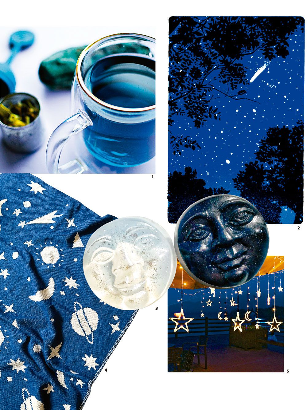 1. Infusión Bella Luna (disponible en luna llena, 31 de octubre); taza doble vidrio, consultar precio (Adagio Teas) 2. Serigrafía “Dicen las estrellas”, papel algodón, serie de 20, $45.000 (Camila Pino Gay) 3. Jabones con cristales en interior, $3.500 c/u (Luna Creciente) 4. Manta universo azul, $24.000 (María Prints) 5. Guirnaldas eléctricas, 3.5 m, $35.000 (La Casa del Oso)