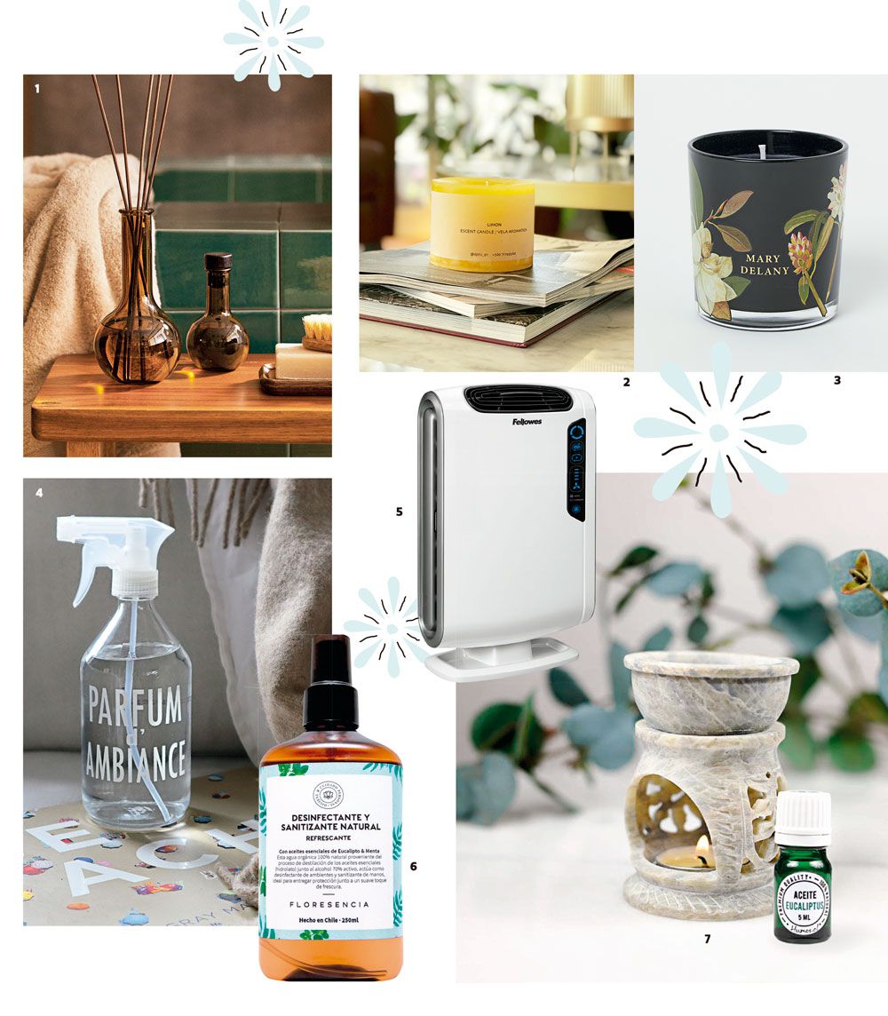 1. Difusores en sticks, desde $19.990 (Zara Home) 2. Velas aromáticas artesanales, desde $6.900 (Depto 91) 3. Vela Mary Delany, $9.990 (H&M Home) 
4. Ambientales, $9.900(Bath & Blanc) 
5. Purificador de aire AreaMax Dx55, Fellowes, valor referencial, $359.990 (Linio) 6. Desinfectante de ambientes y sanitizante de manos, $6.900 (Floresencia)