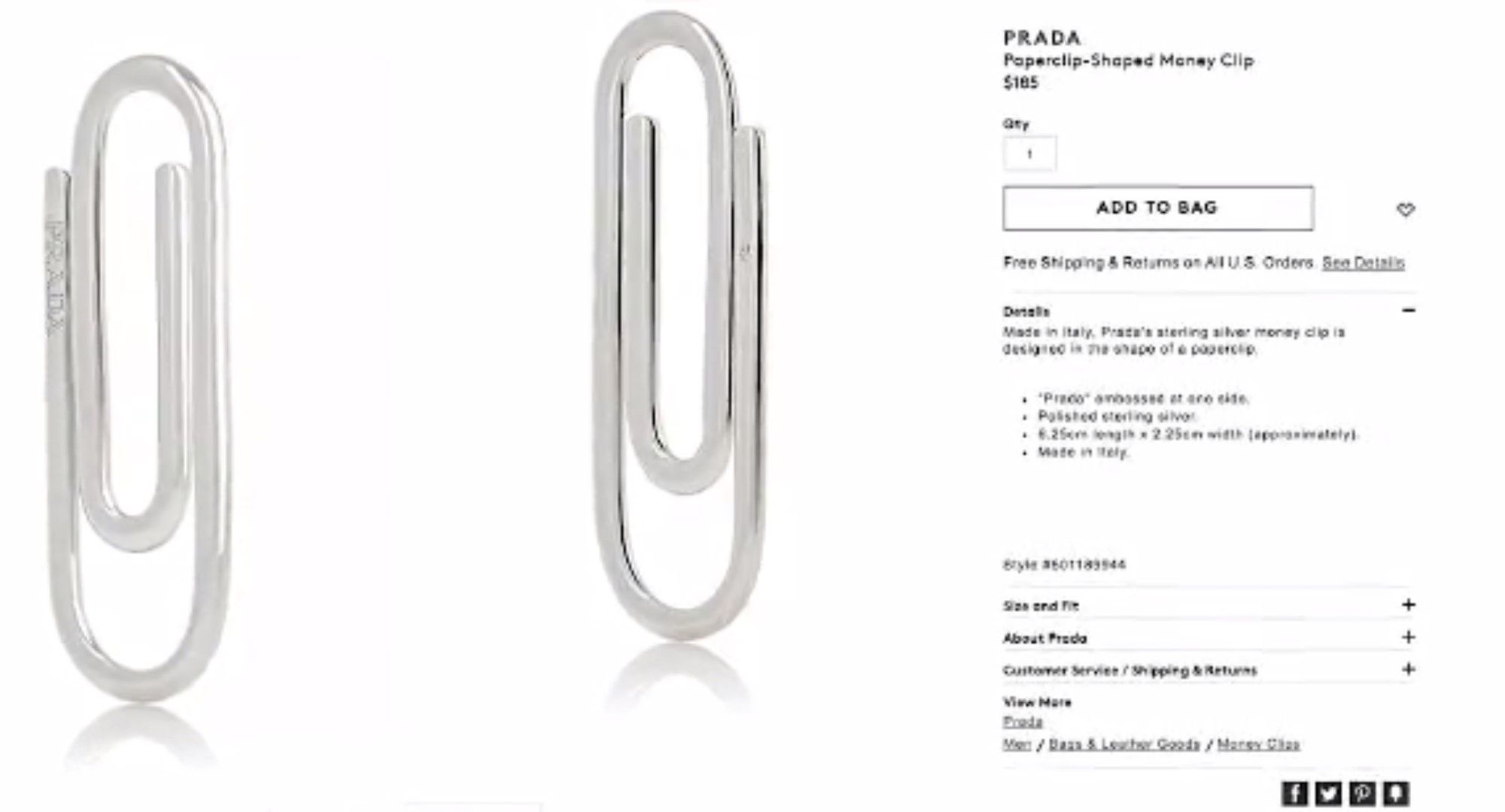 Prada Sterling Silver Money Clip