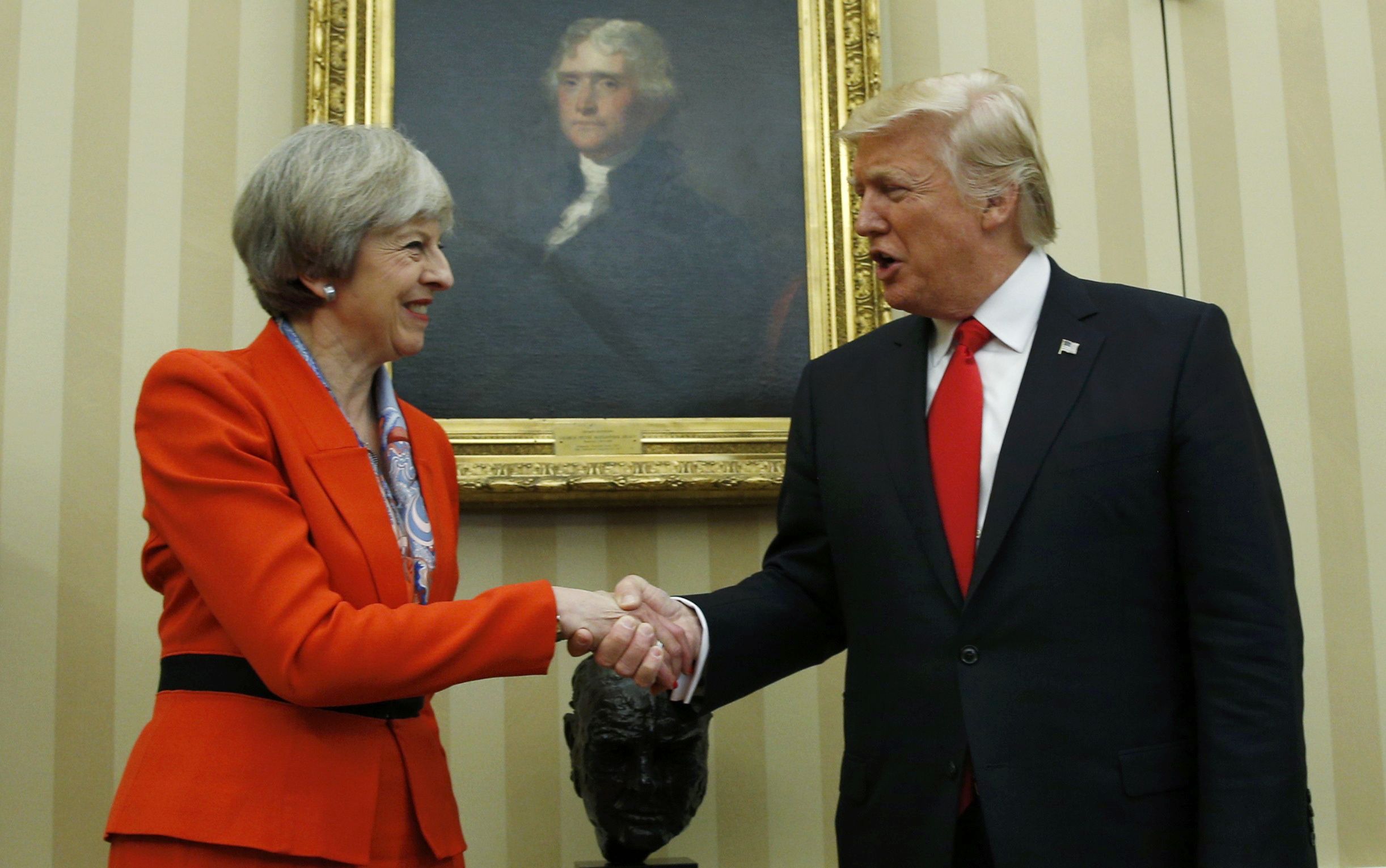 U.S. President Trump greets British Prime Minister May at the White House in Washington