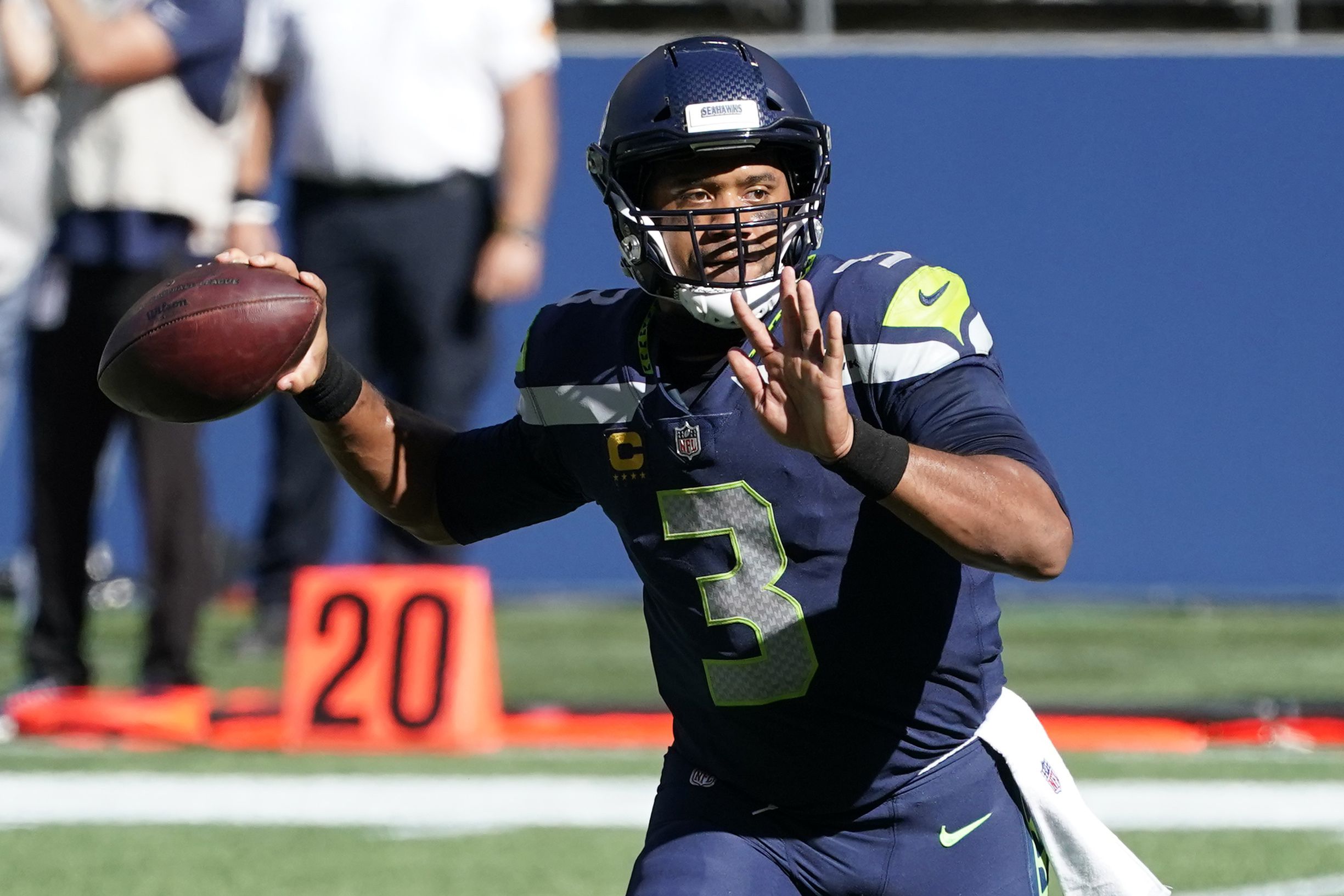 Seattle Seahawks tight end Jacob Hollister (48) scores a touchdown after a  reception as he is t …