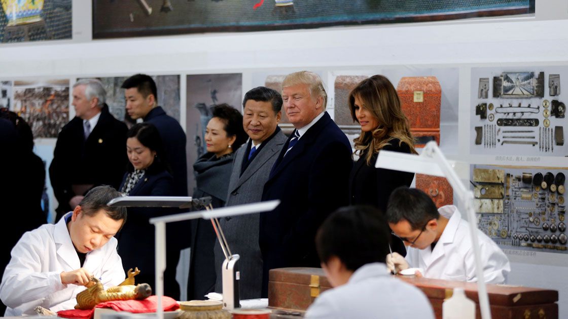 U.S. President Donald Trump and Chinese President Xi Jinping tour the Conservation Scientific Laboratory of the Forbidden City in Beijing