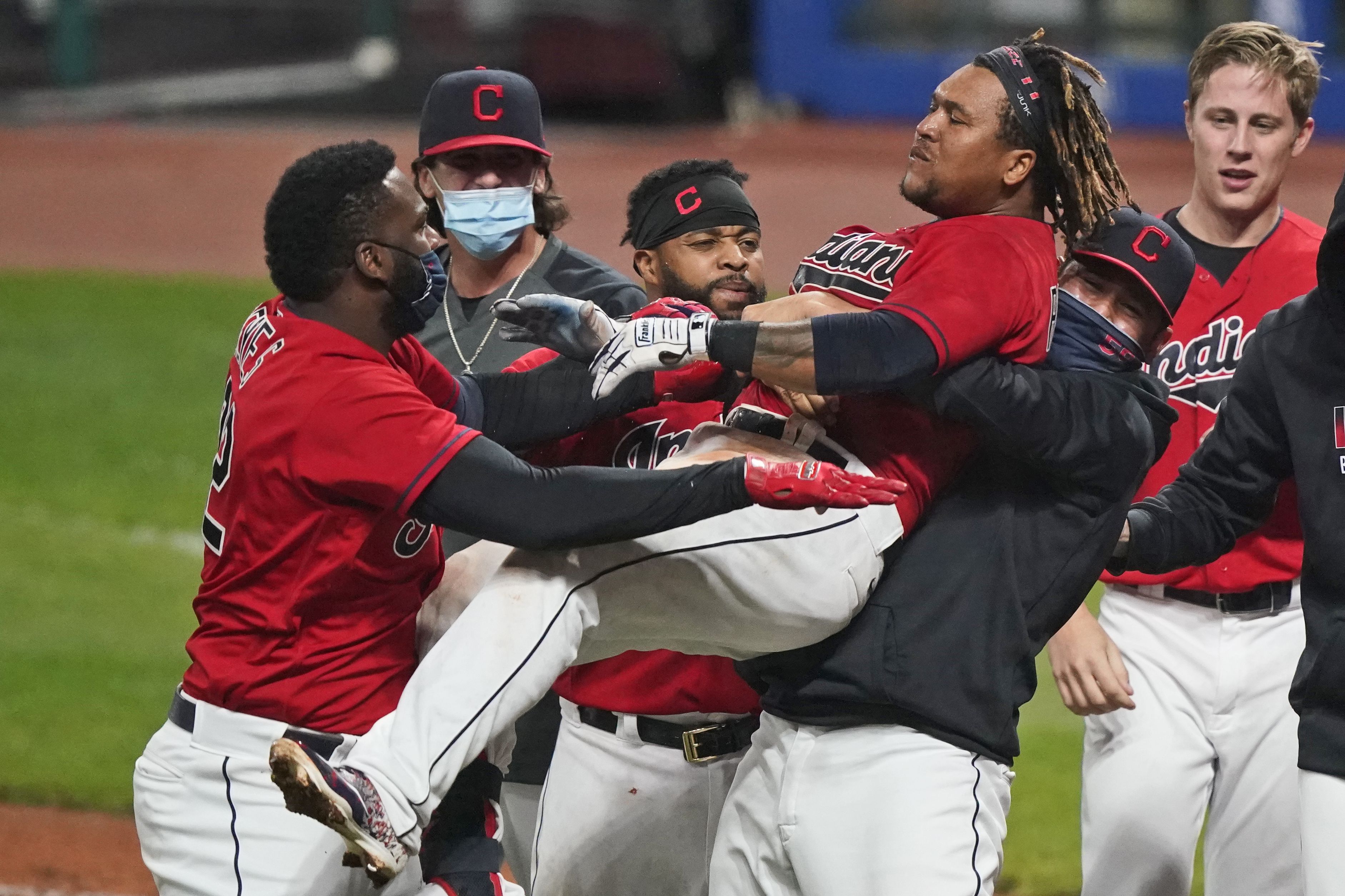 Cleveland Indians Francisco Lindor celebrates after hitting a solo