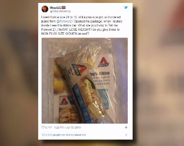 Forever 21 apologizes for sending Atkins bars with online orders