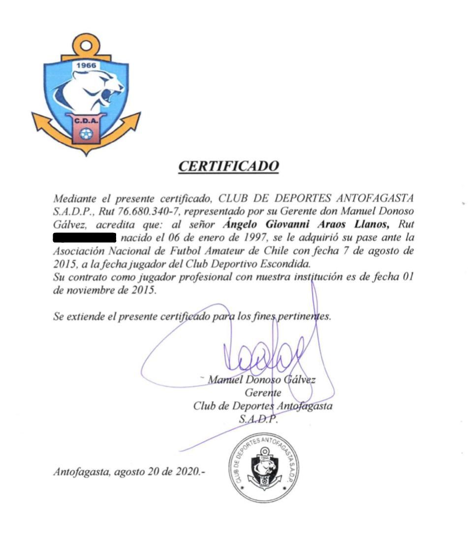 Ángelo Araos, certificado