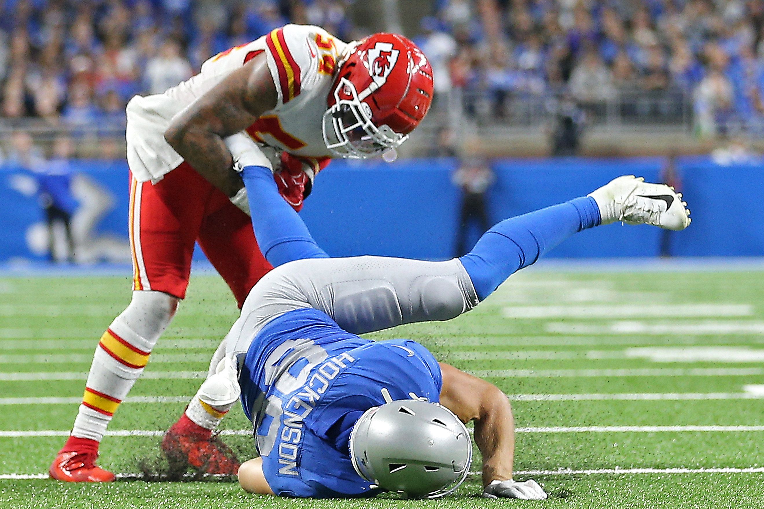 Detroit Lions tight end T.J. Hockenson (88) catches a touchdown pass as  Kansas City Chiefs defensive back Bashaud Breeland (21) defends during an  NFL football game in Detroit, Sunday, Sept. 29, 2019. (