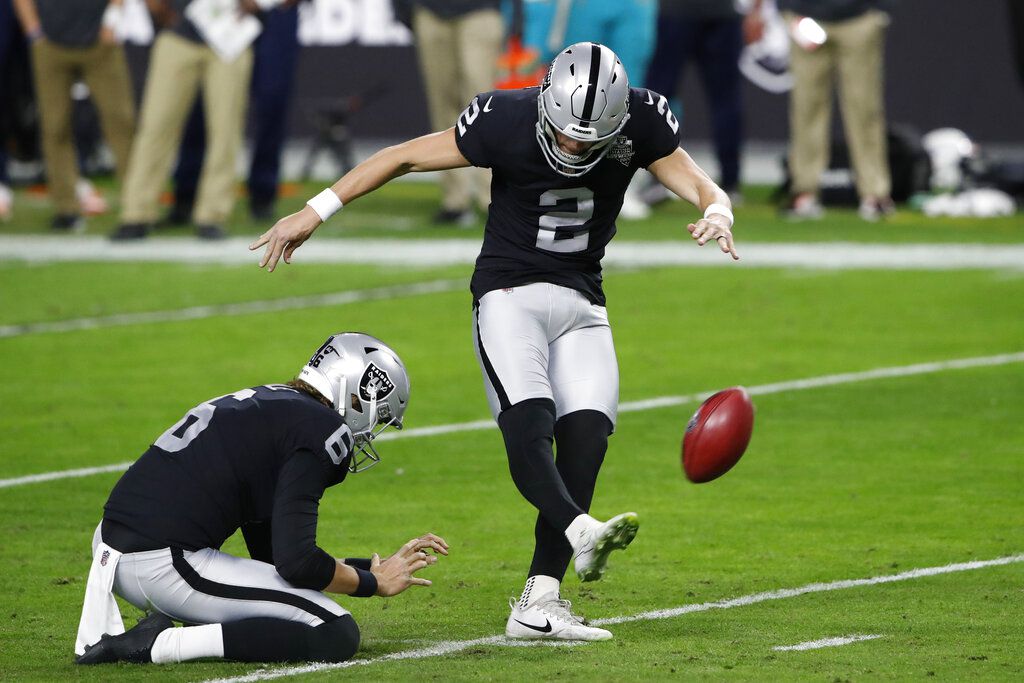 Las Vegas Raiders kicker Daniel Carlson (2) on the field during