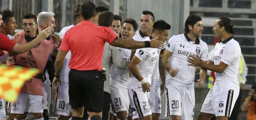 Chile's Colo Colo players celebrate after scoring against Brazil's Bo