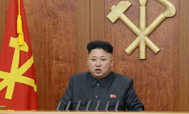 North Korean leader Kim delivers a speech during his New Year address in this undated photo released by Kyodo