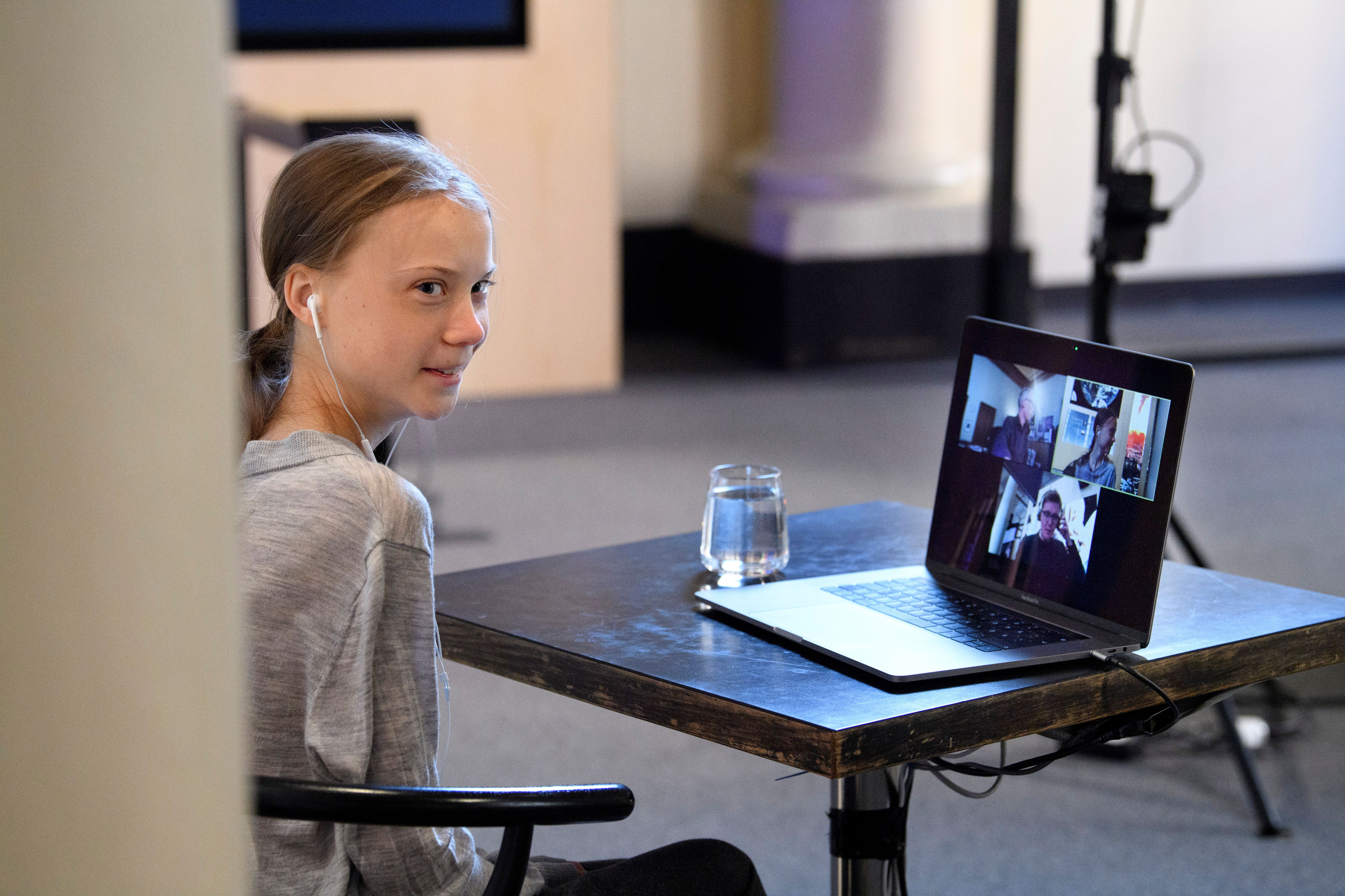 Environmental activist Greta Thunberg participates in a video conversation with Johan Rockstrom about the the coronavirus disease (COVID-19) and the environment at the Nobel Museum in Stockholm