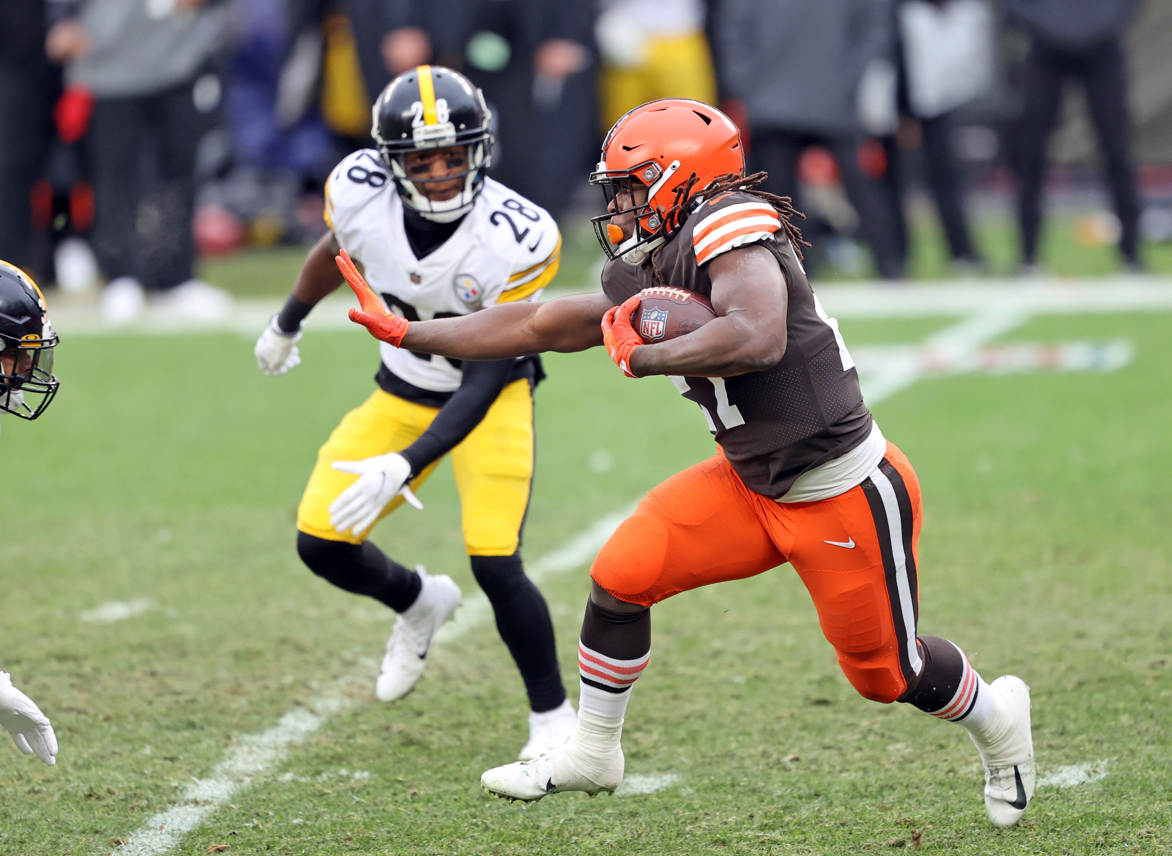 Antonio Brown and Brandon Boykin of the Pittsburgh Steelers celebrate