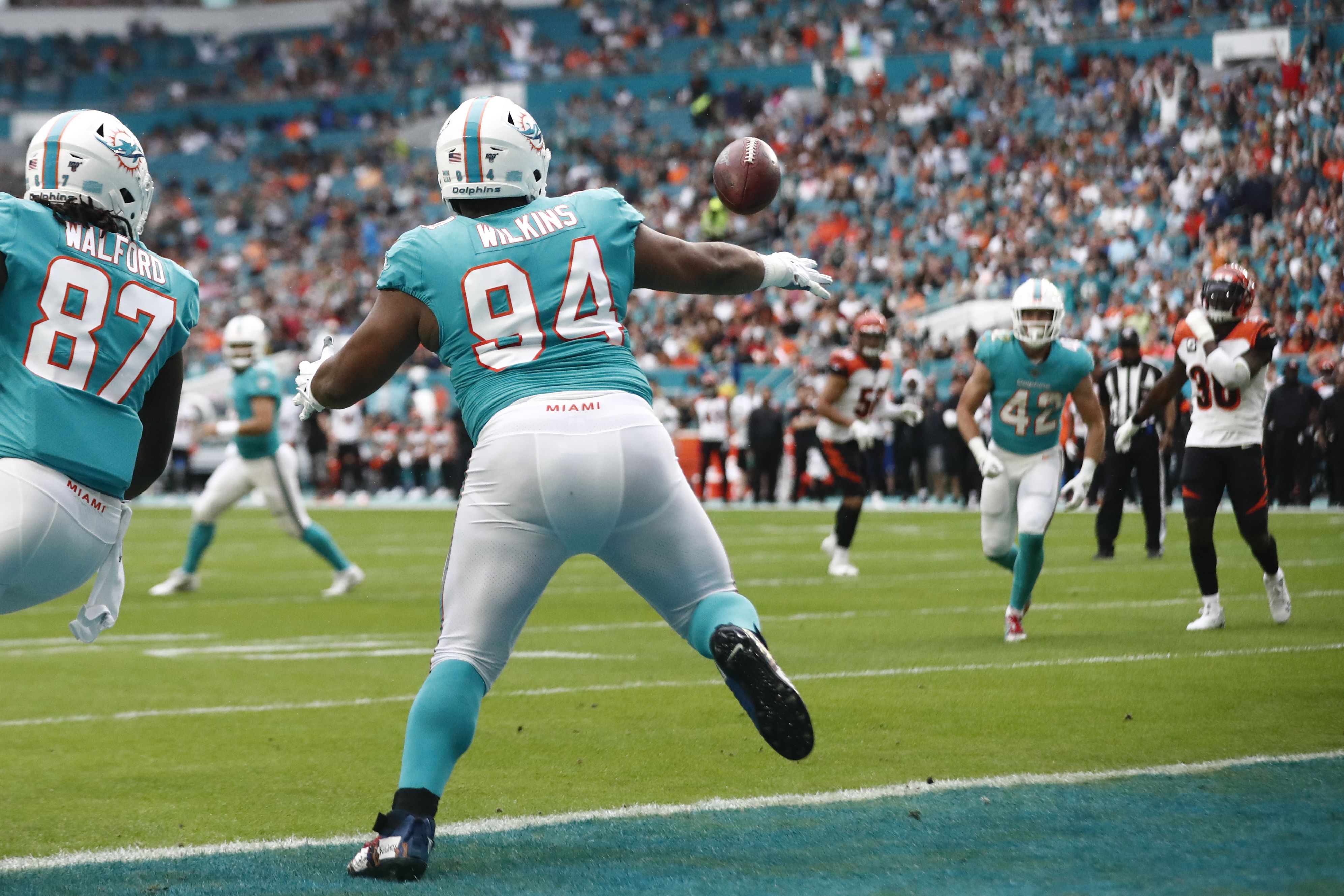 Miami Dolphins defensive tackle Christian Wilkins (94) reacts after a play  during an NFL football game against the San Francisco 49ers, Sunday, Dec.4,  2022, in Santa Clara, Calif. (AP Photo/Scot Tucker Stock