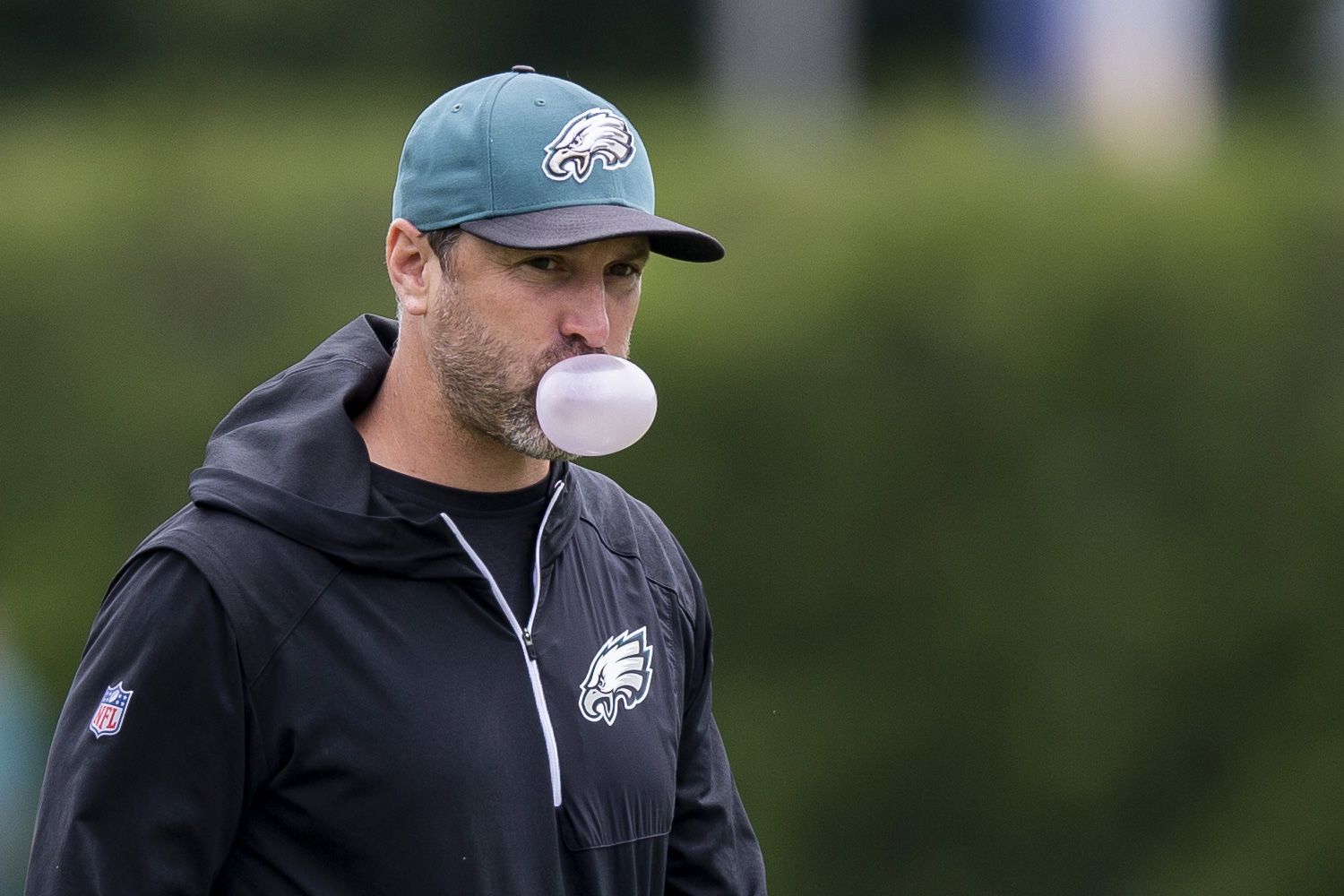 LANDOVER, MD - SEPTEMBER 13: Eagles offensive coordinator Mike Groh coaches  from the sideline during the Philadelphia Eagles vs. Washington Football  Team NFL game at FedEx Field on September 13, 2020 in