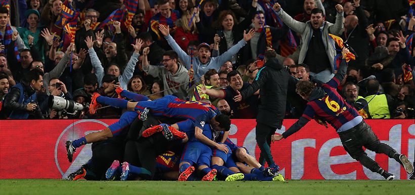 Barcelona's Sergi Roberto celebrates scoring their sixth goal with team mates and fans