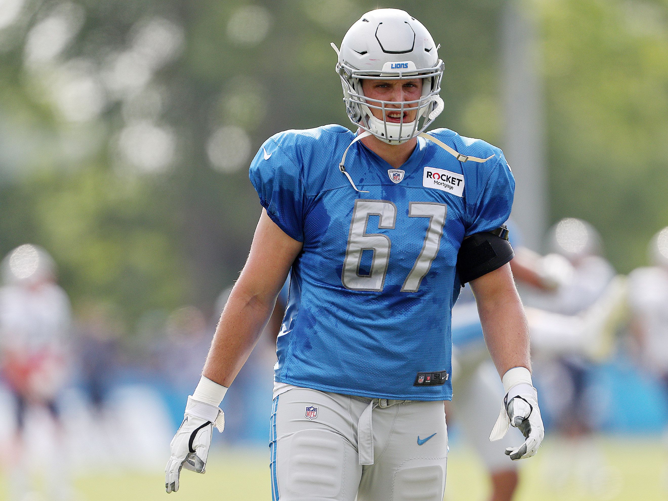 Detroit Lions offensive tackle Matt Nelson (67) blocks Jacksonville Jaguars  linebacker K'Lavon Chaisson (45) during an preseason NFL football game in  Detroit, Saturday, Aug. 19, 2023. (AP Photo/Paul Sancya Stock Photo - Alamy