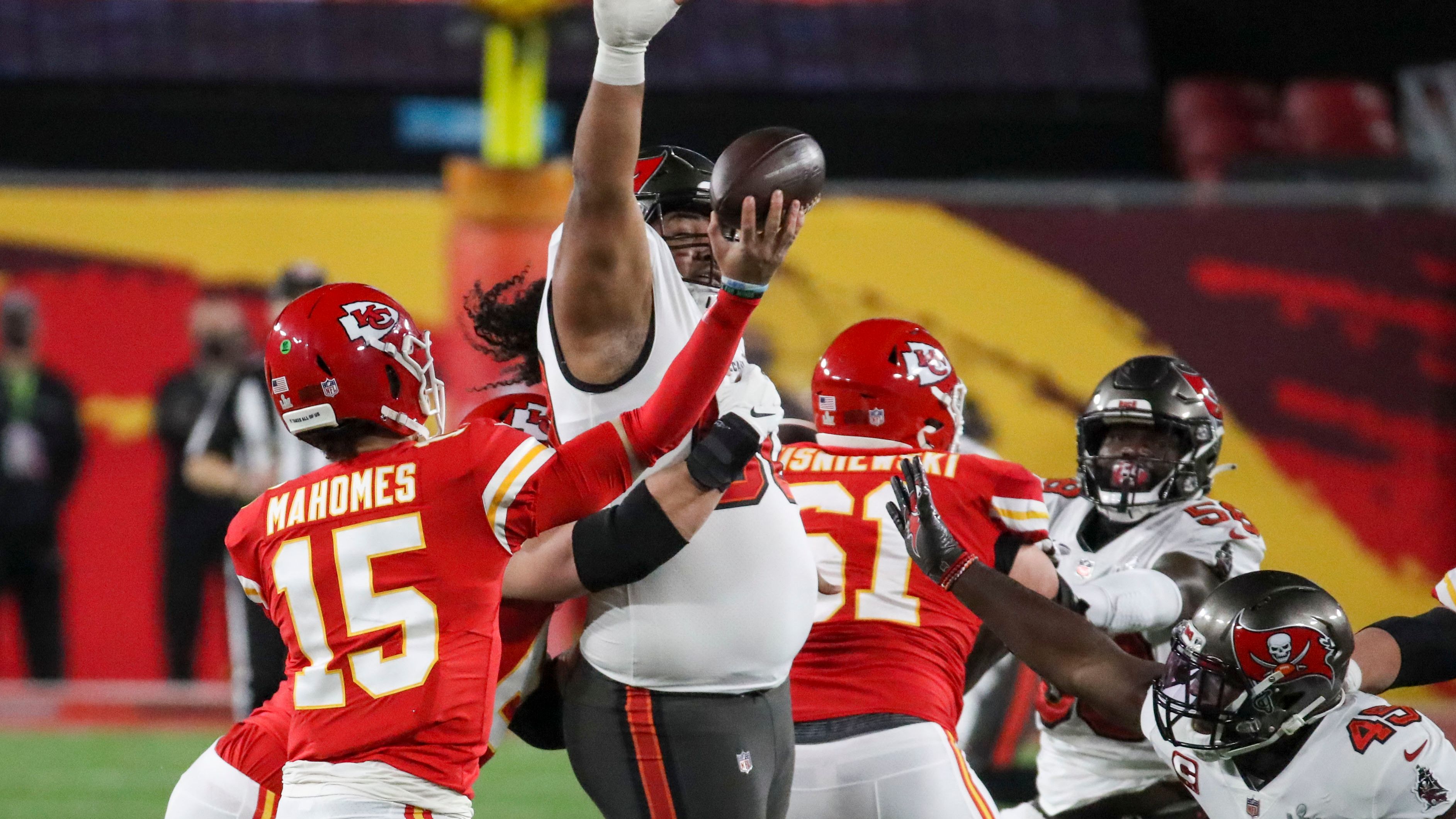 Kansas City Chiefs quarterback Patrick Mahomes (15) looks to make a pass  during the second half of the NFL Super Bowl 55 football game against the  Tampa Bay Buccaneers, Sunday, Feb. 7