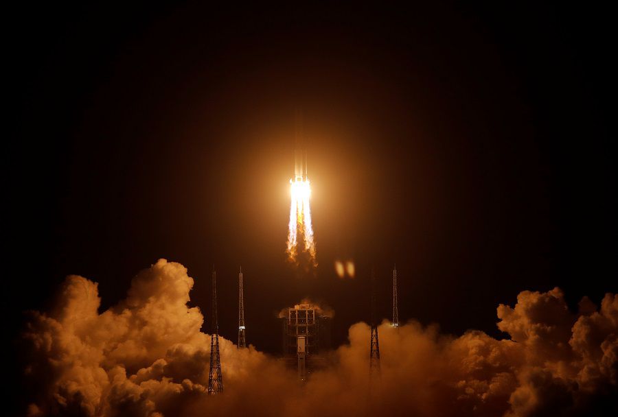 The Long March-5 Y5 rocket, carrying the Chang'e-5 lunar probe, takes off from Wenchang Space Launch Center, in Wenchang