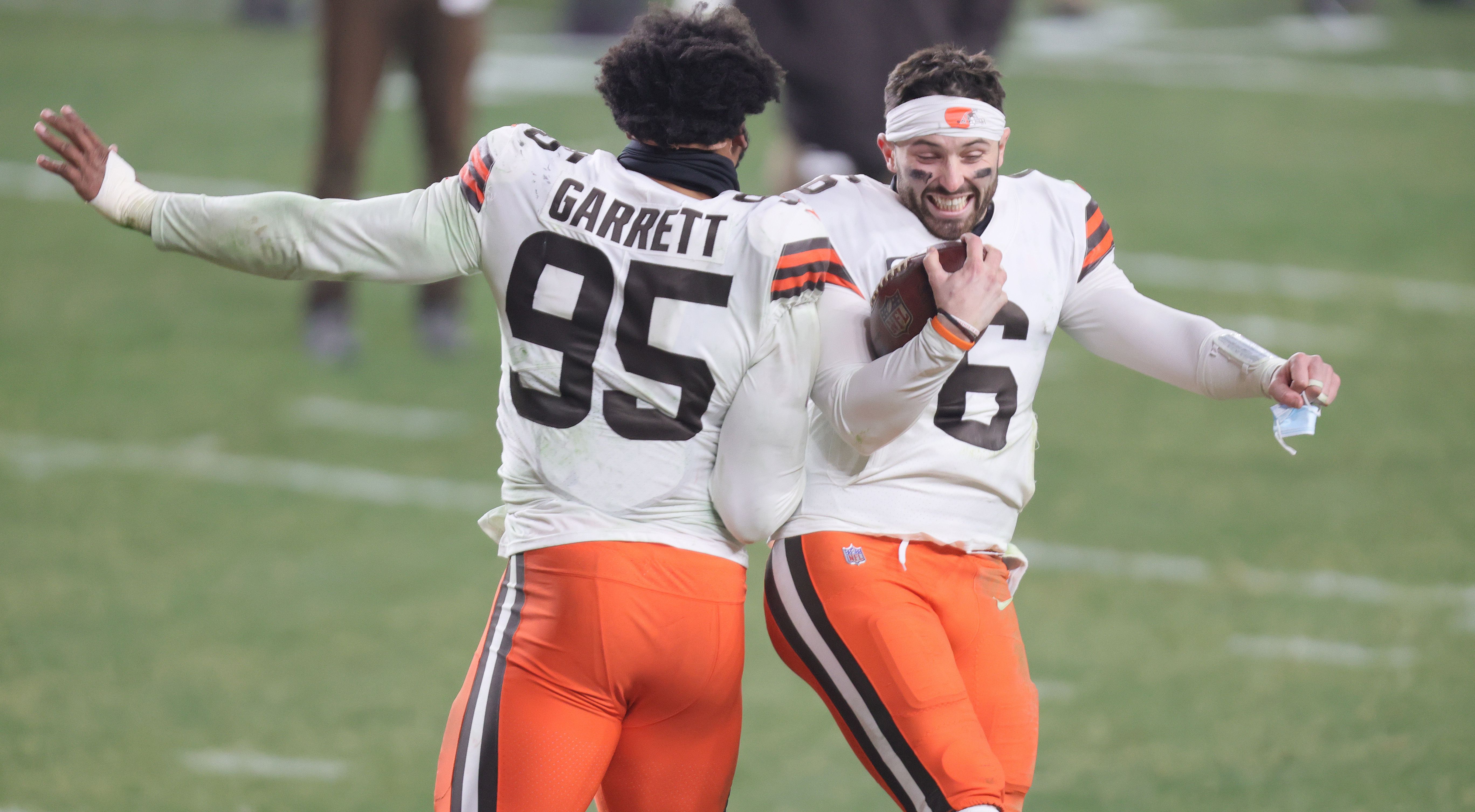 Cleveland Browns quarterback Baker Mayfield (6) celebrates after defeating  the Pittsburgh Steelers in an NFL wild-card playoff football game, late  Sunday, Jan. 10, 2021, in Pittsburgh. (AP Photo/Keith Srakocic Stock Photo  - Alamy