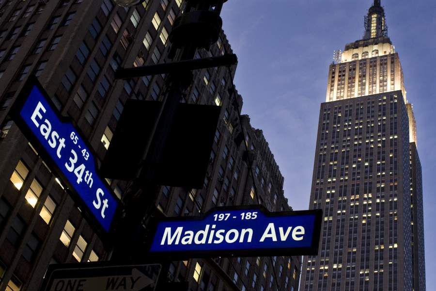 Empire State Building seen from Madison Avenue at night