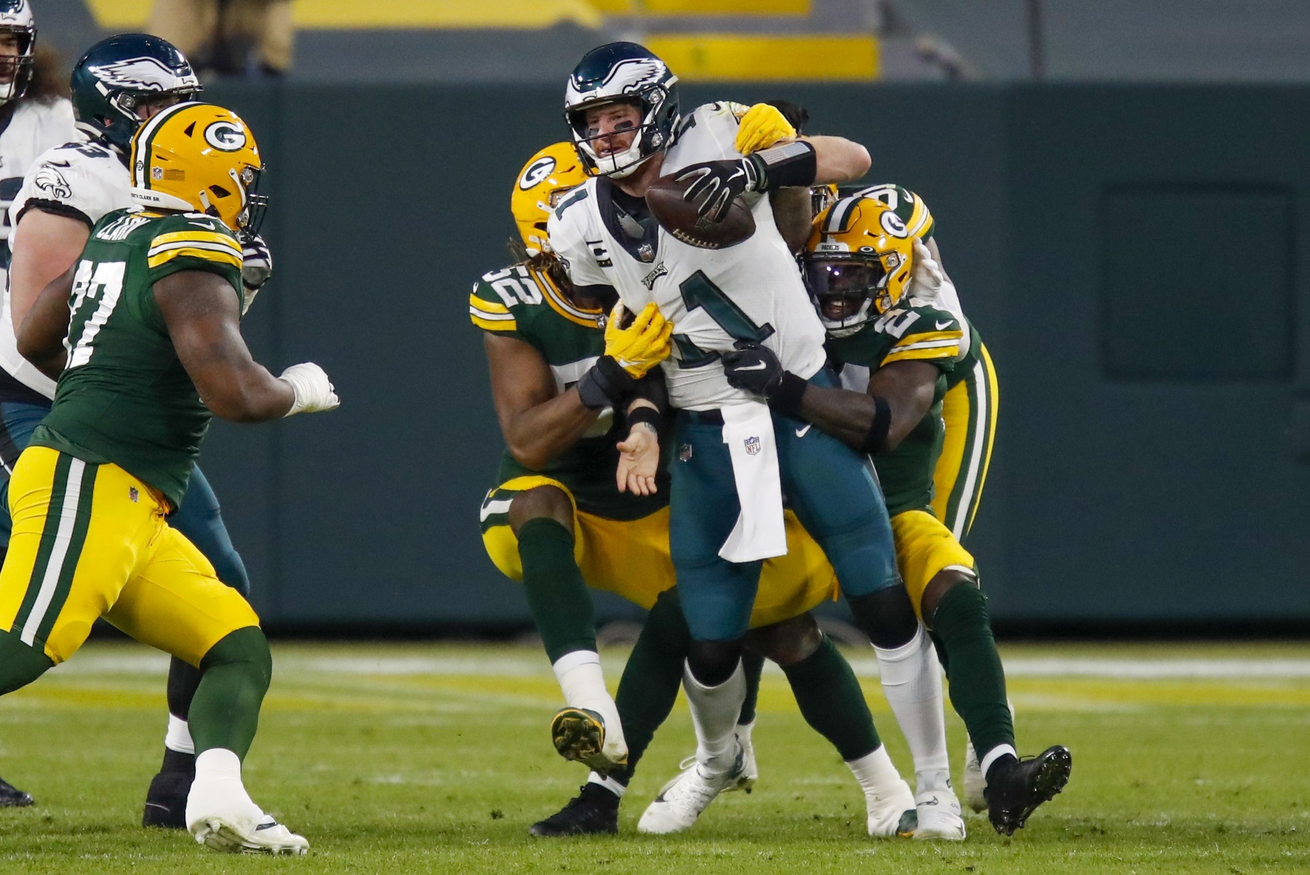 NFL on FOX - Carson Wentz was clapping on the sideline as his fellow QB  Jalen Hurts threw his first career TD Pass in the NFL