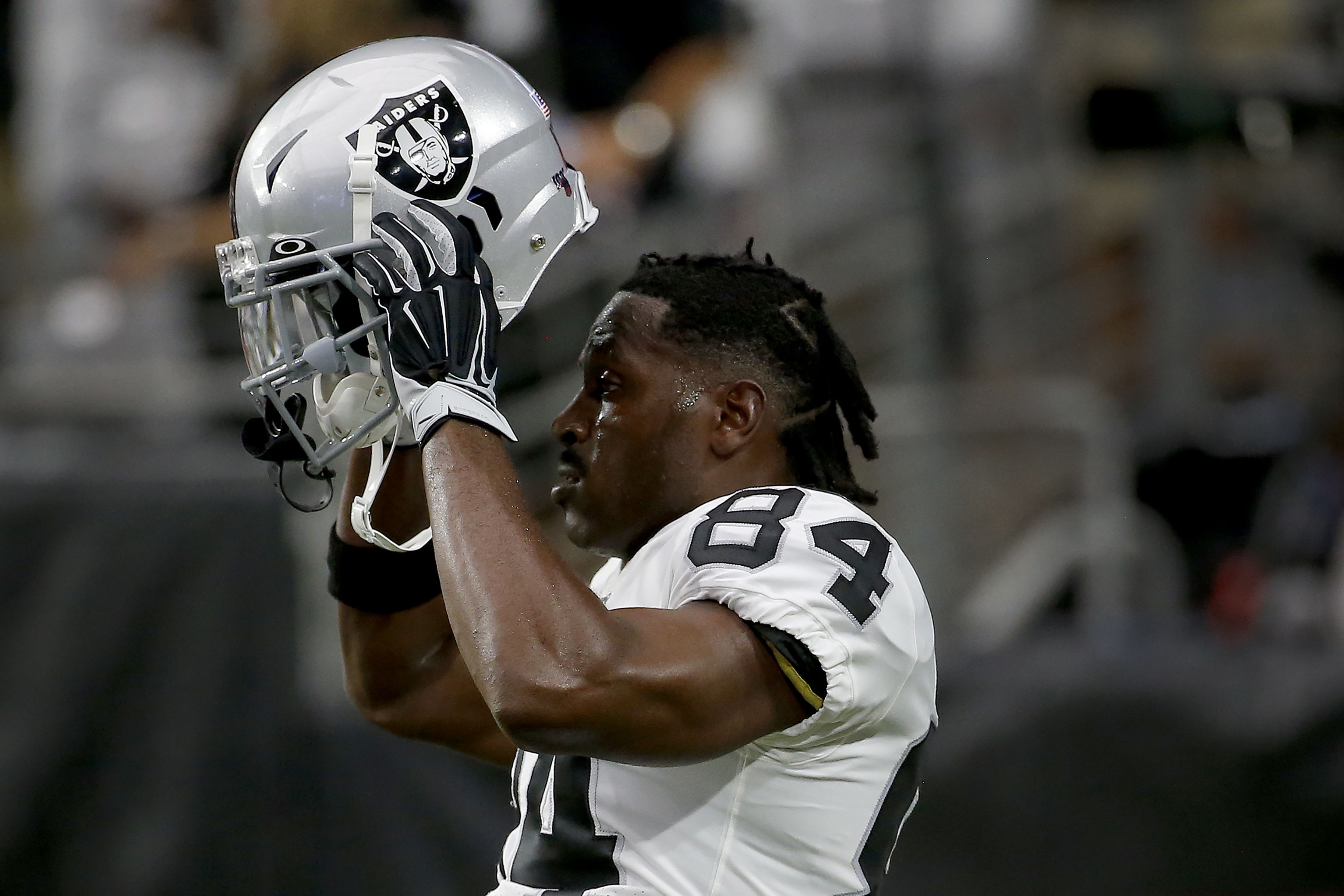 Oakland Raiders receiver Antonio Brown practices — in certified