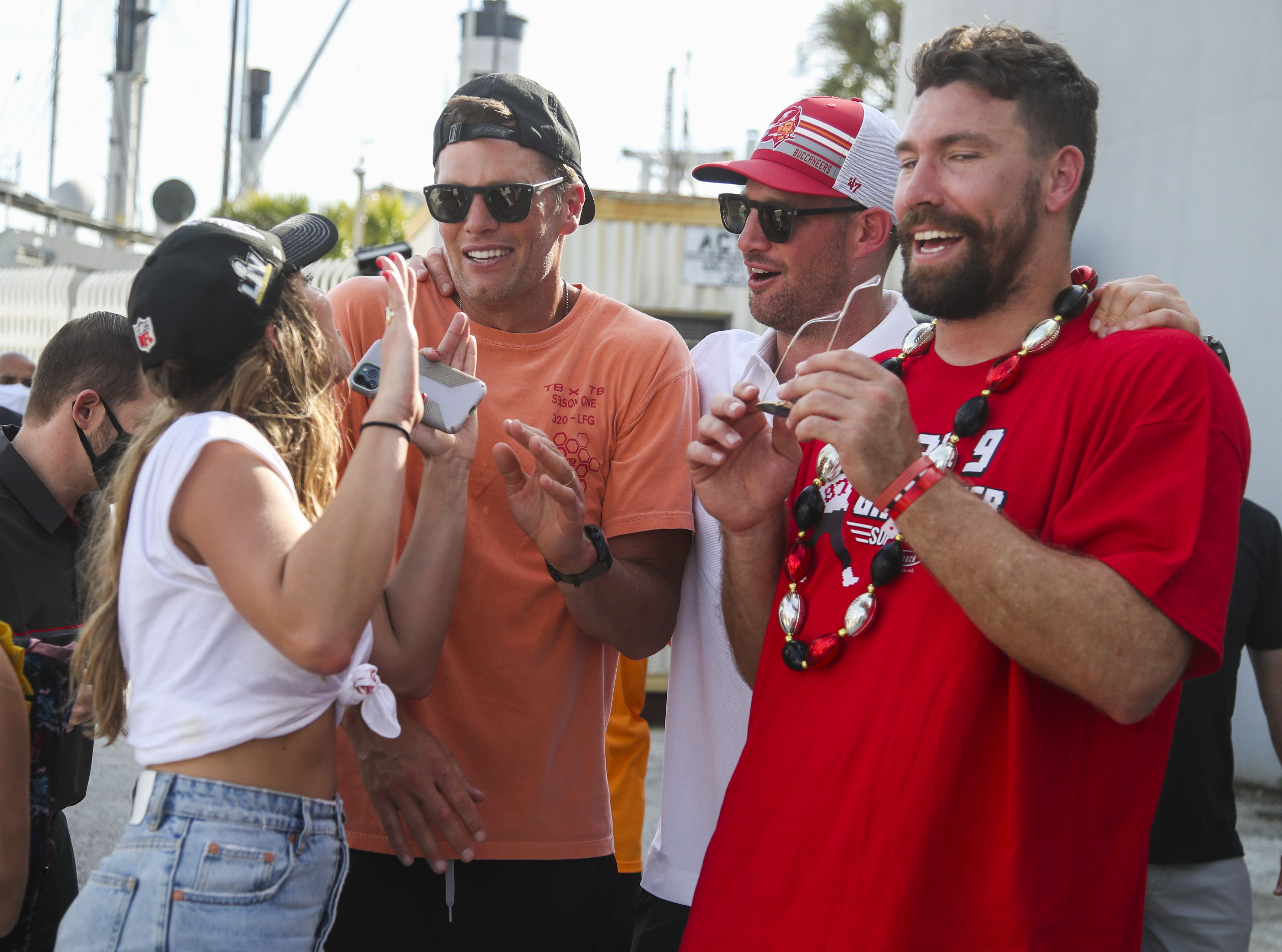 Tom Brady and Bruce Arians arrive for the Super Bowl boat parade 