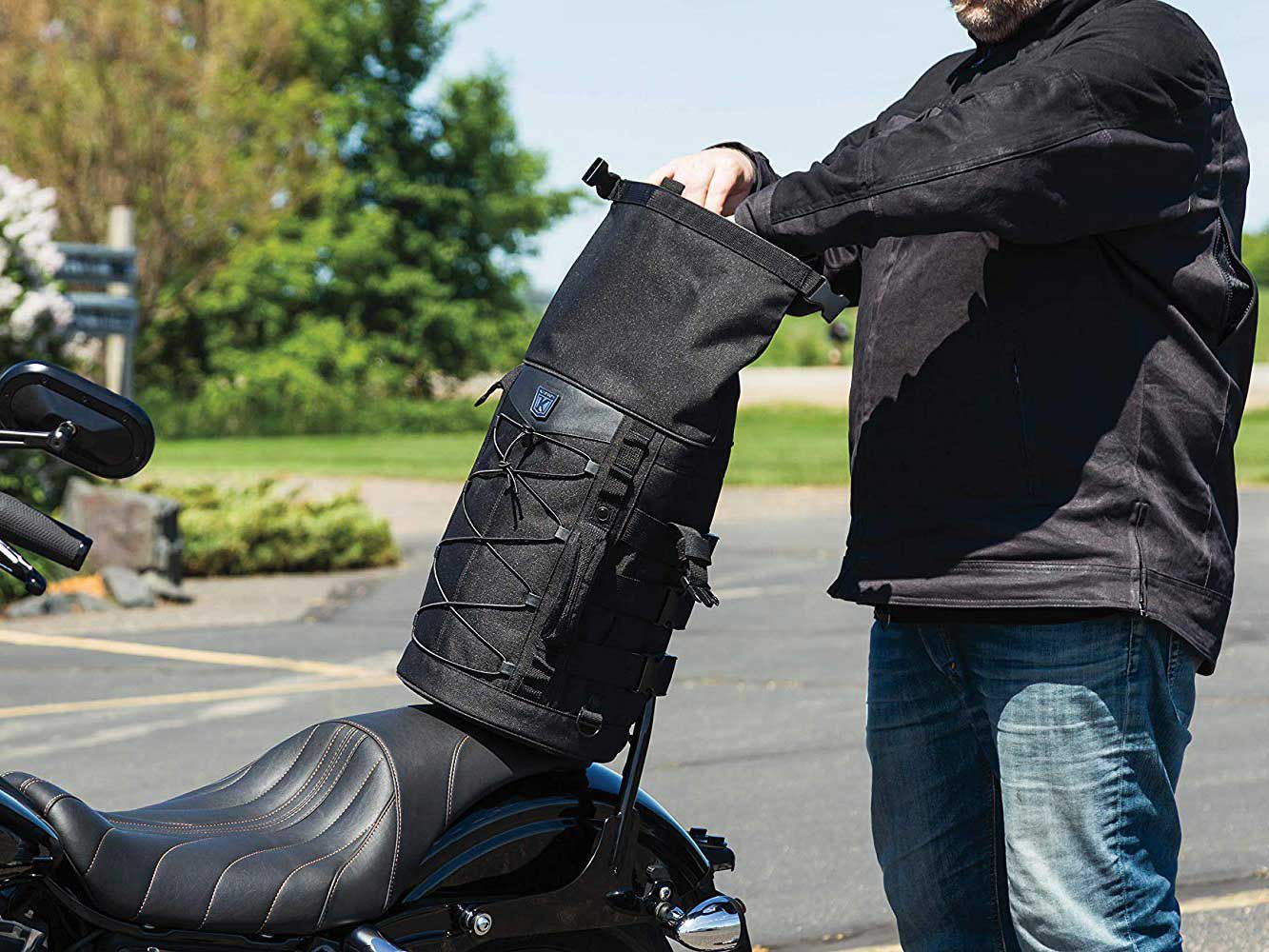 MOTORCYCLE RIDING LARGE SISSY T BAR BAG TRAVEL LUGGAGE BAG NEW BLACK DURABLE