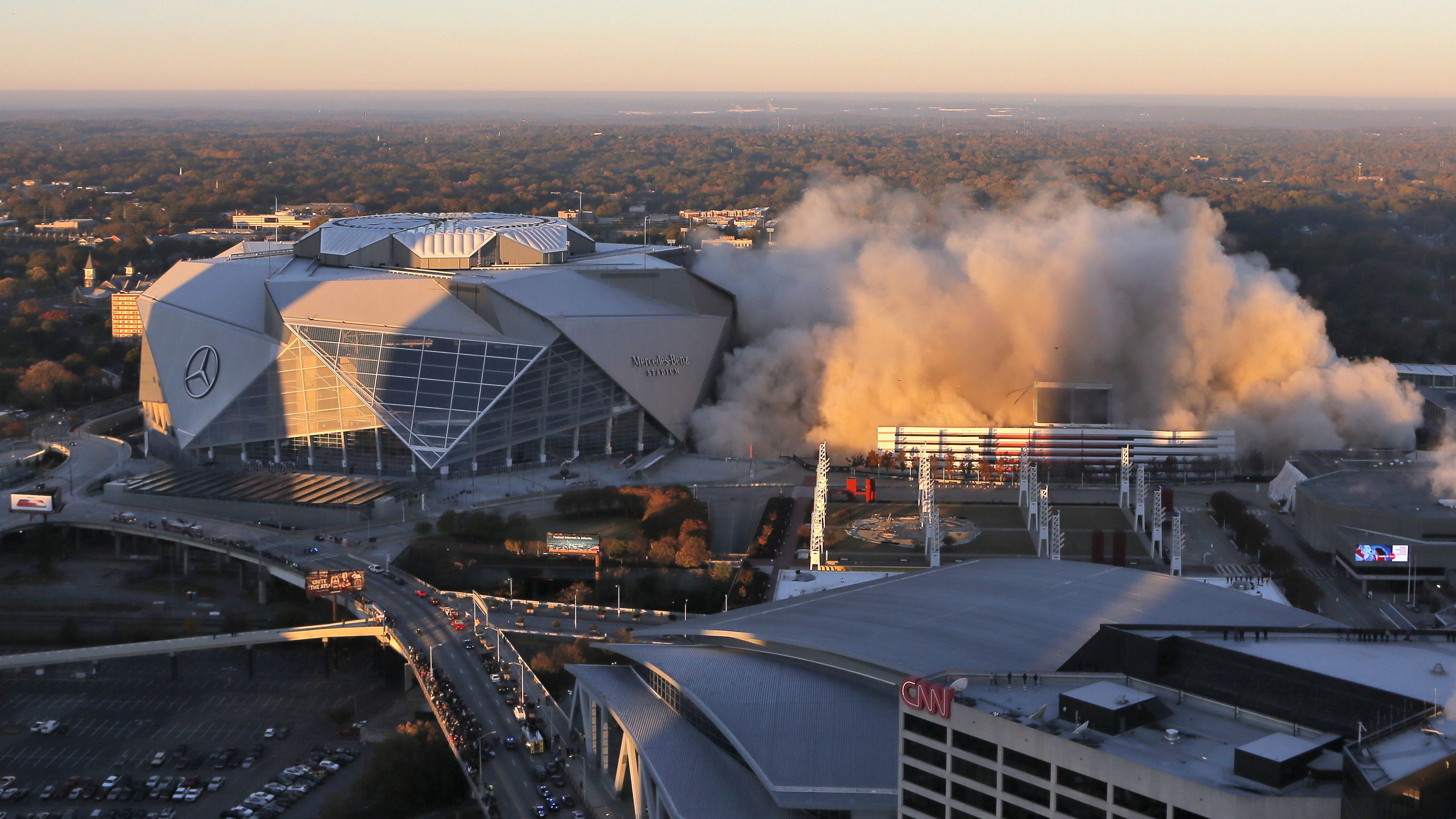 Georgia Dome debris beneath green space at Mercedes-Benz Stadium