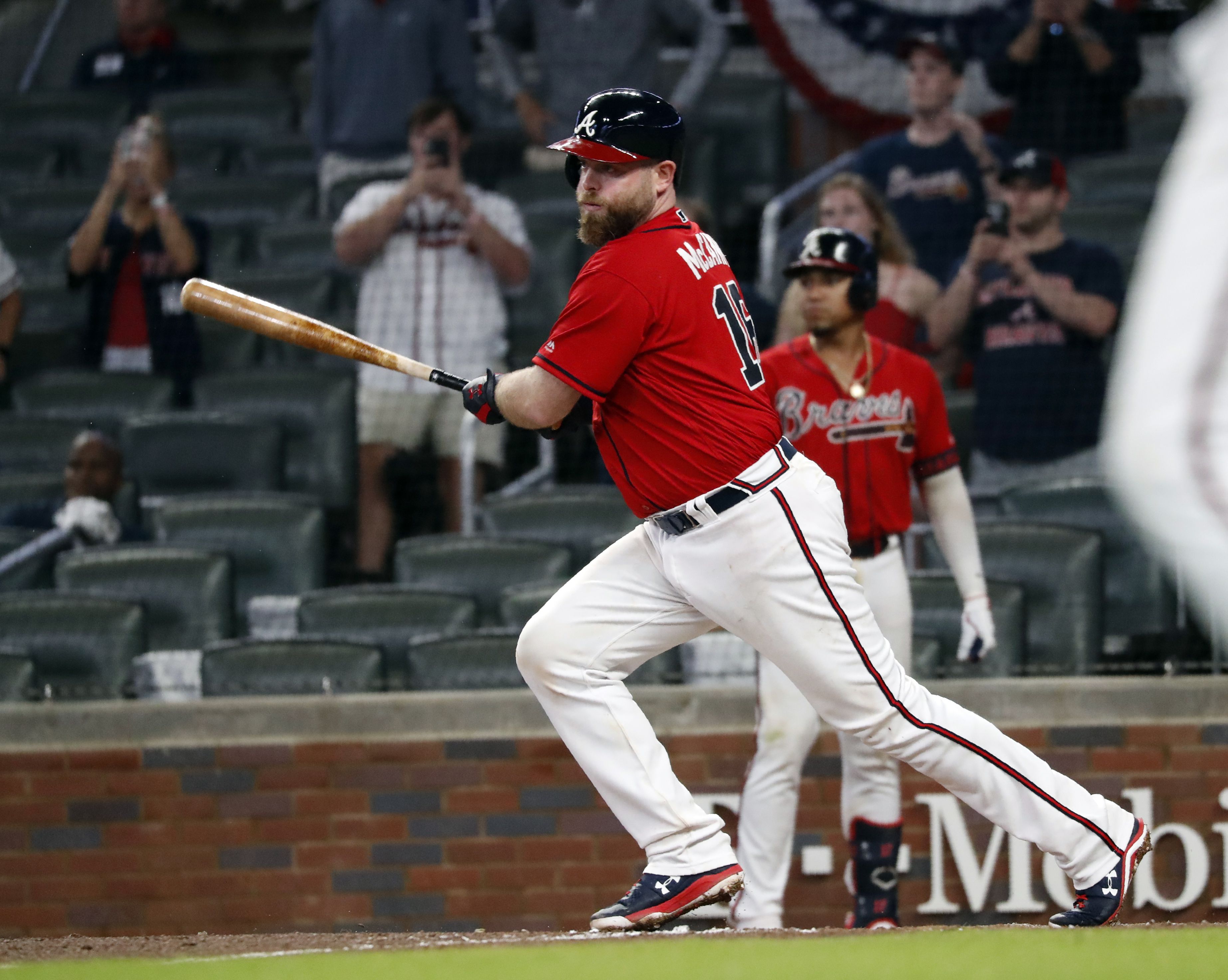 Atlanta Braves Catcher Brian McCann looks on during the game
