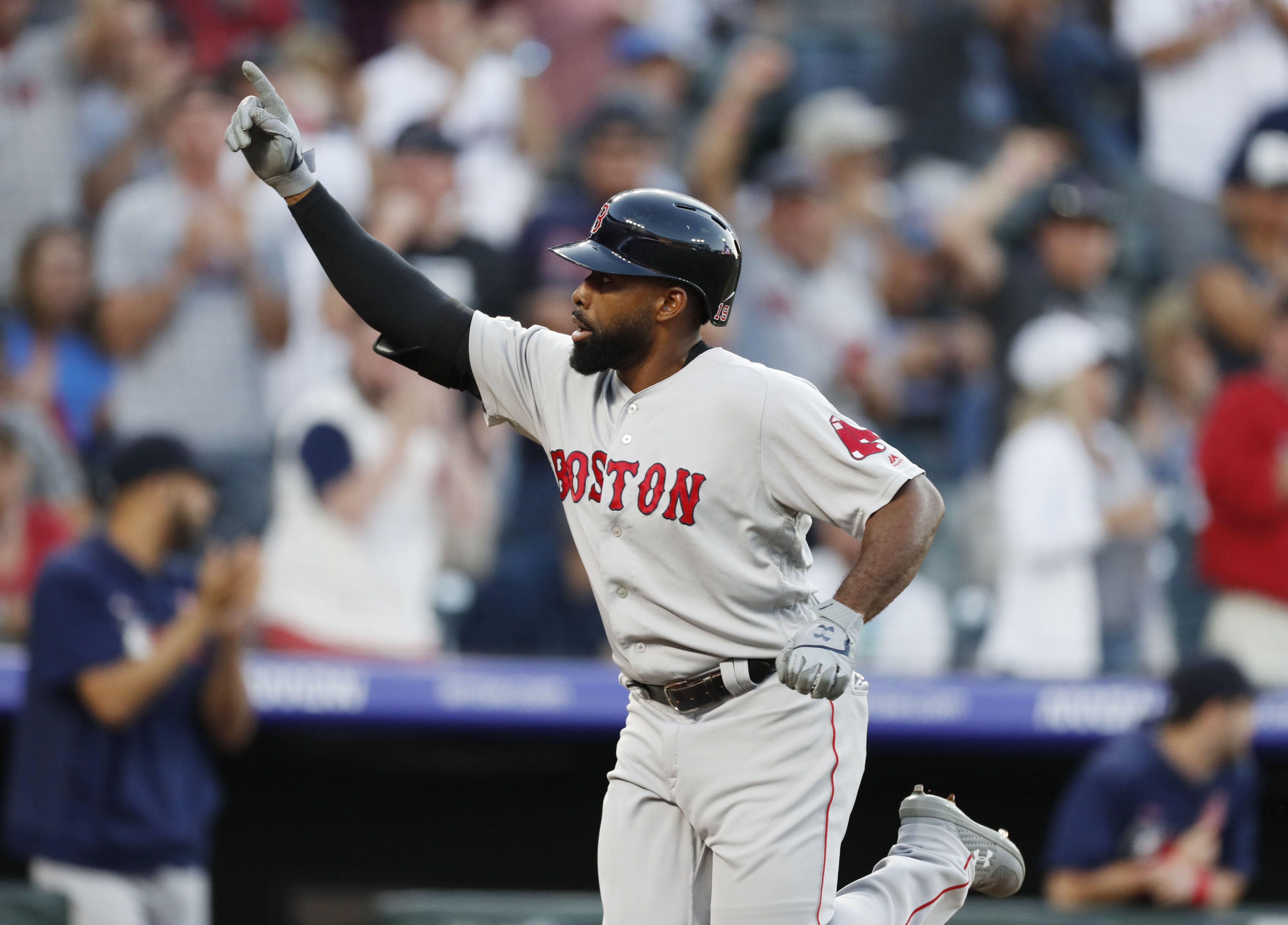 Jackie Bradley Jr. of the Boston Red Sox reacts with Christian