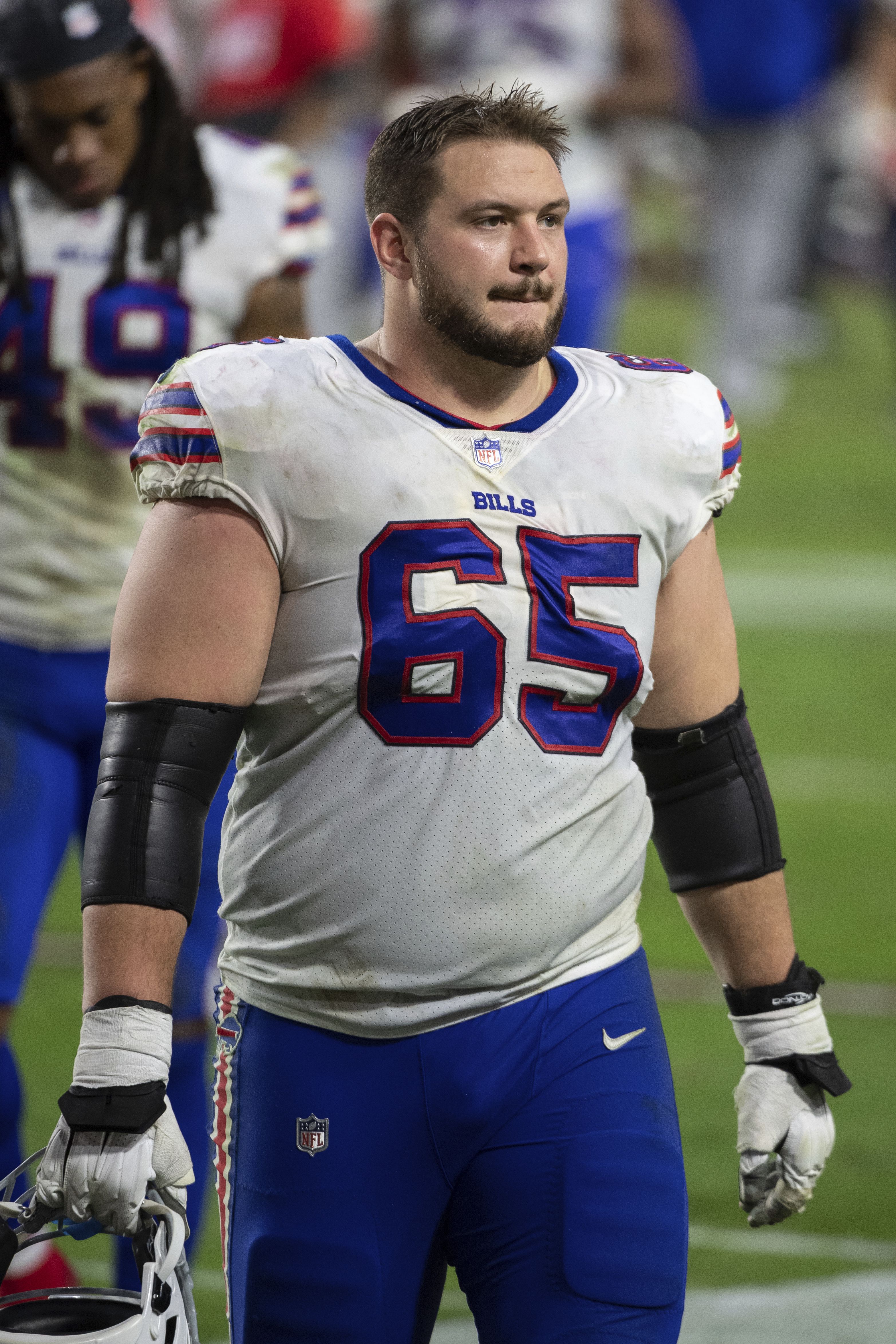 Buffalo Bills guard Ike Boettger (65) blocks against the Seattle Seahawks  during the second half of an NFL football game, Sunday, Nov. 8, 2020, in  Orchard Park, N.Y. (AP Photo/Adrian Kraus Stock