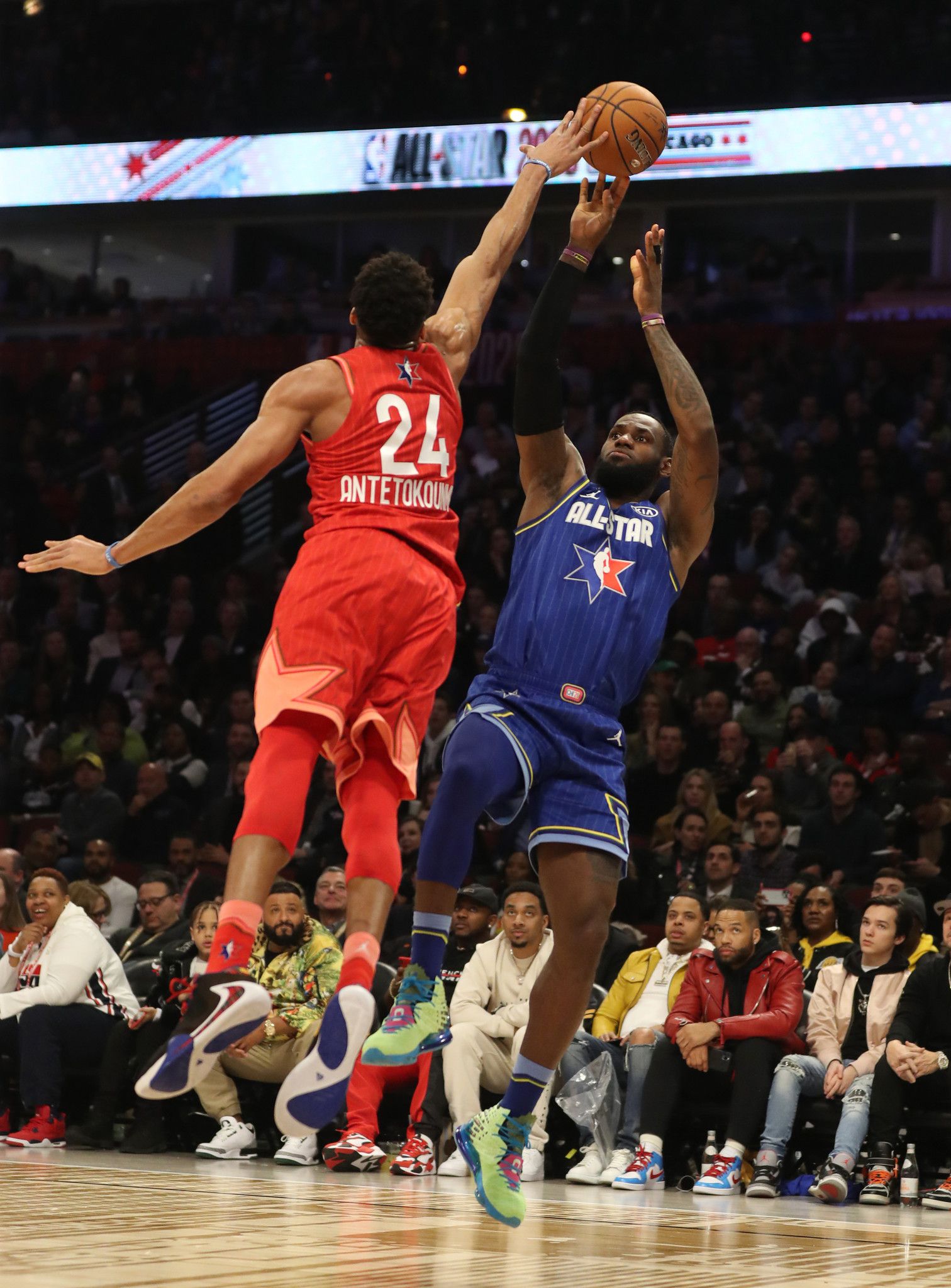 Giannis Antetokounmpo of Team Giannis blocks a shot attempt from LeBron  James of Team LeBron in the fourth quarter of the NBA All-Star Game on  Sunday, Feb. 16, 2020 at the United