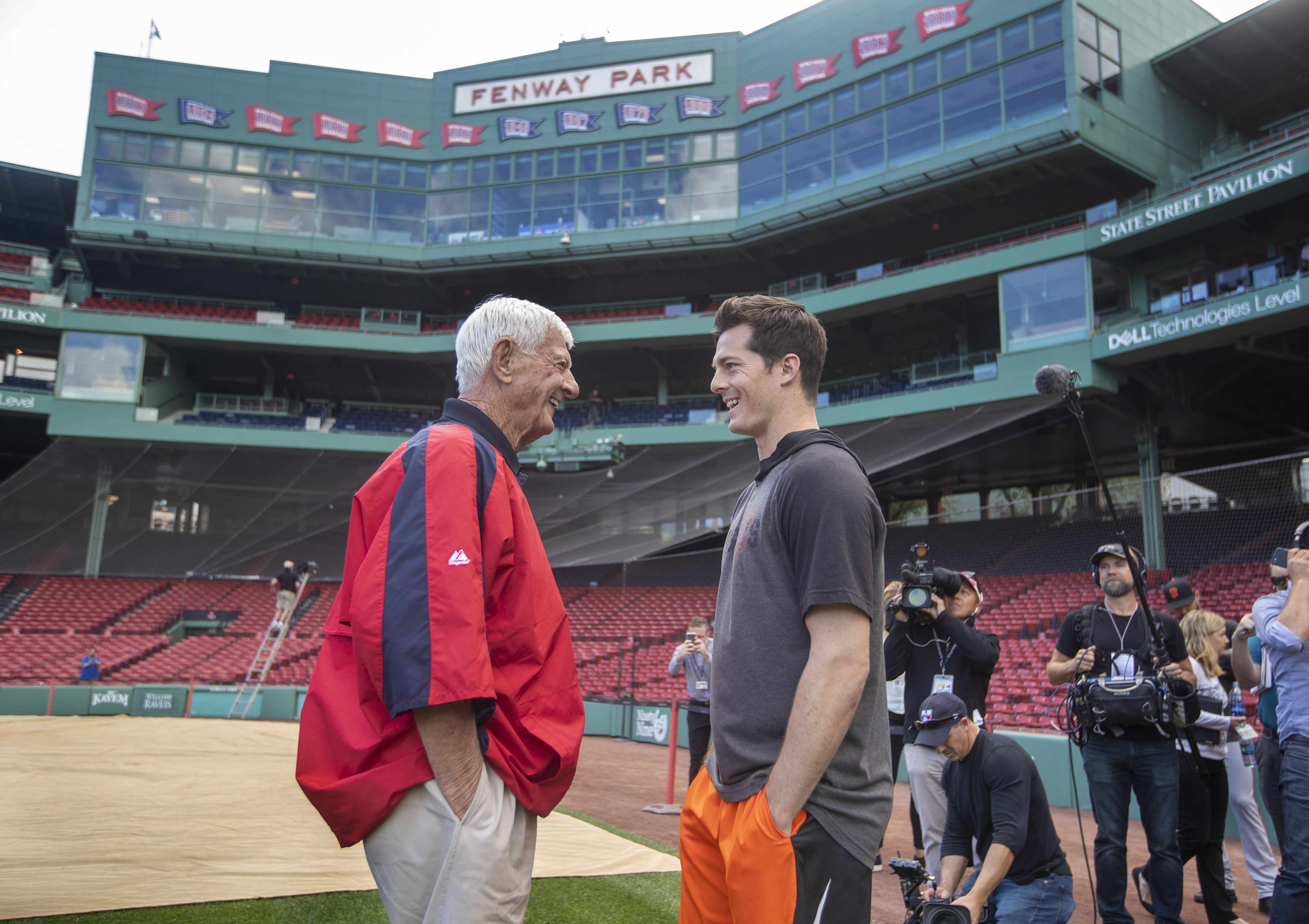 Carl Yastrzemski (Boston Red Sox) and his grandson Mike Yastrzemski (SF  Giants) at Fenway Park, Boston, M…