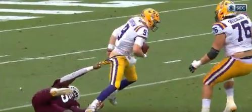 LSU s Joe Burrow loses pants bares butt in sack If you run