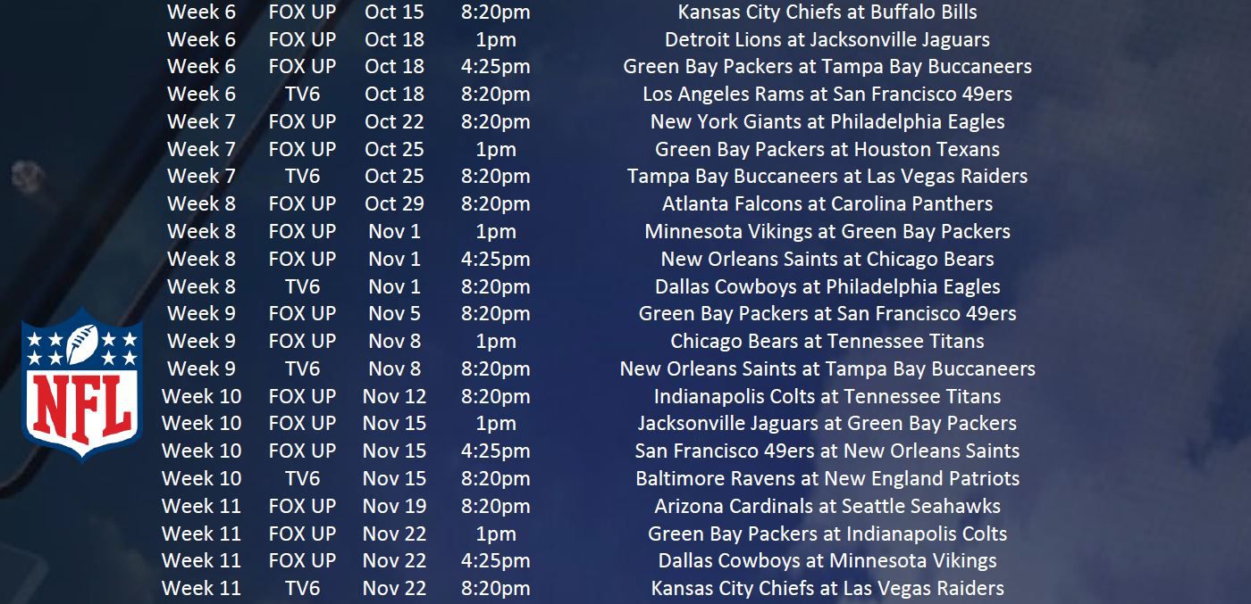 TV6 & FOX UP 2020 NFL Broadcast Schedule