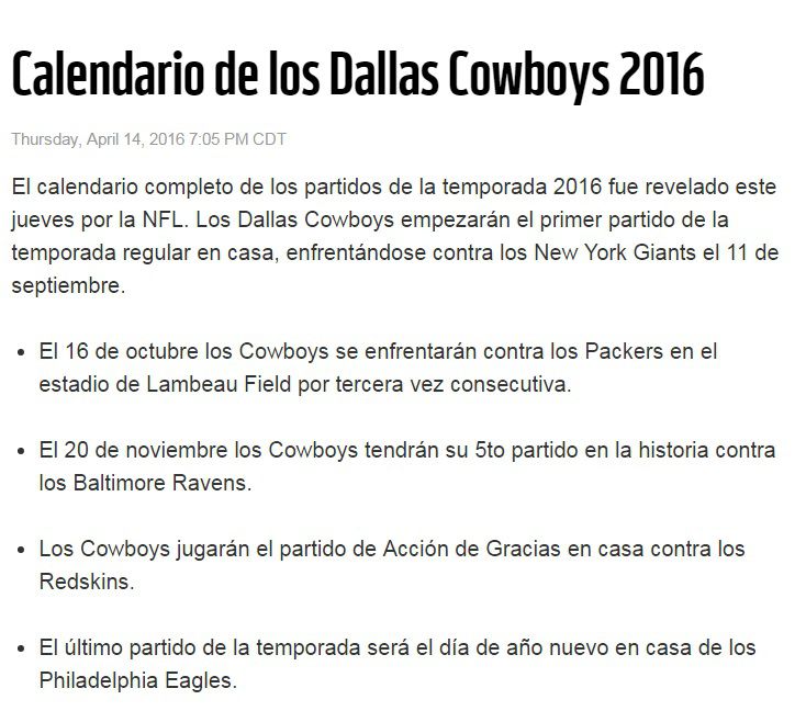 Calendario de Dallas Cowboys 2022 