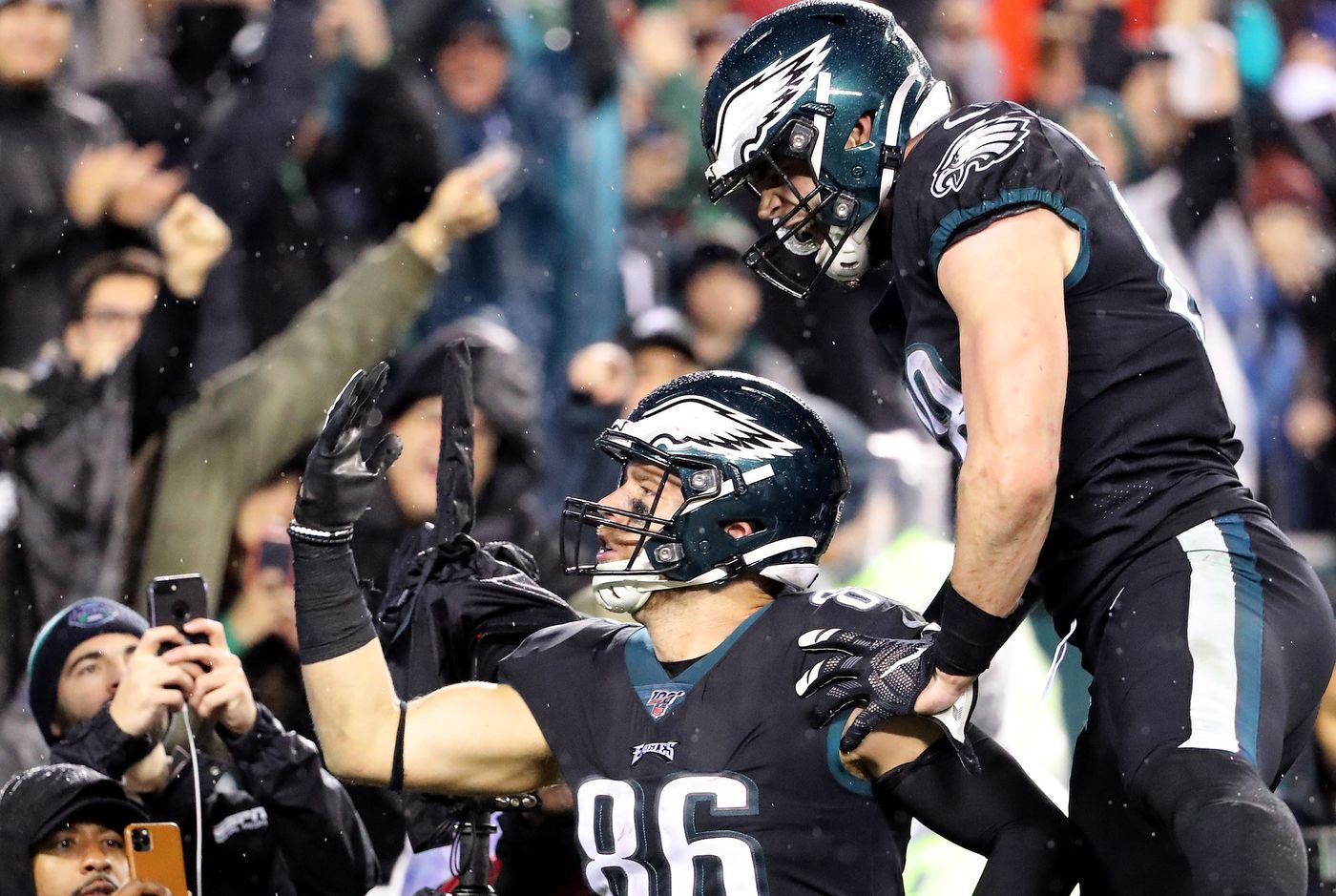 Philadelphia Eagles tight end Dallas Goedert (88) has his jersey ripped  during the second half of an NFL football game against the Los Angeles  Chargers on Sunday, Nov. 7, 2021, in Philadelphia. (