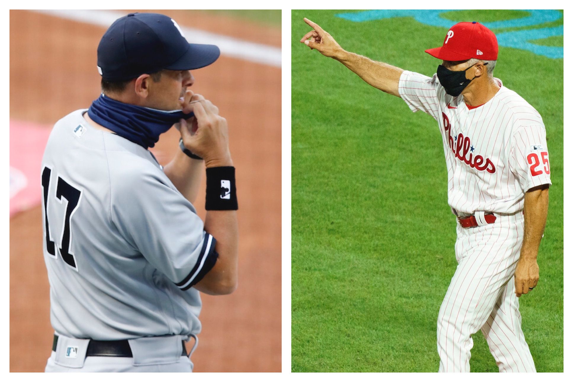 New York Yankees manager Joe Girardi, left, talks with pitcher