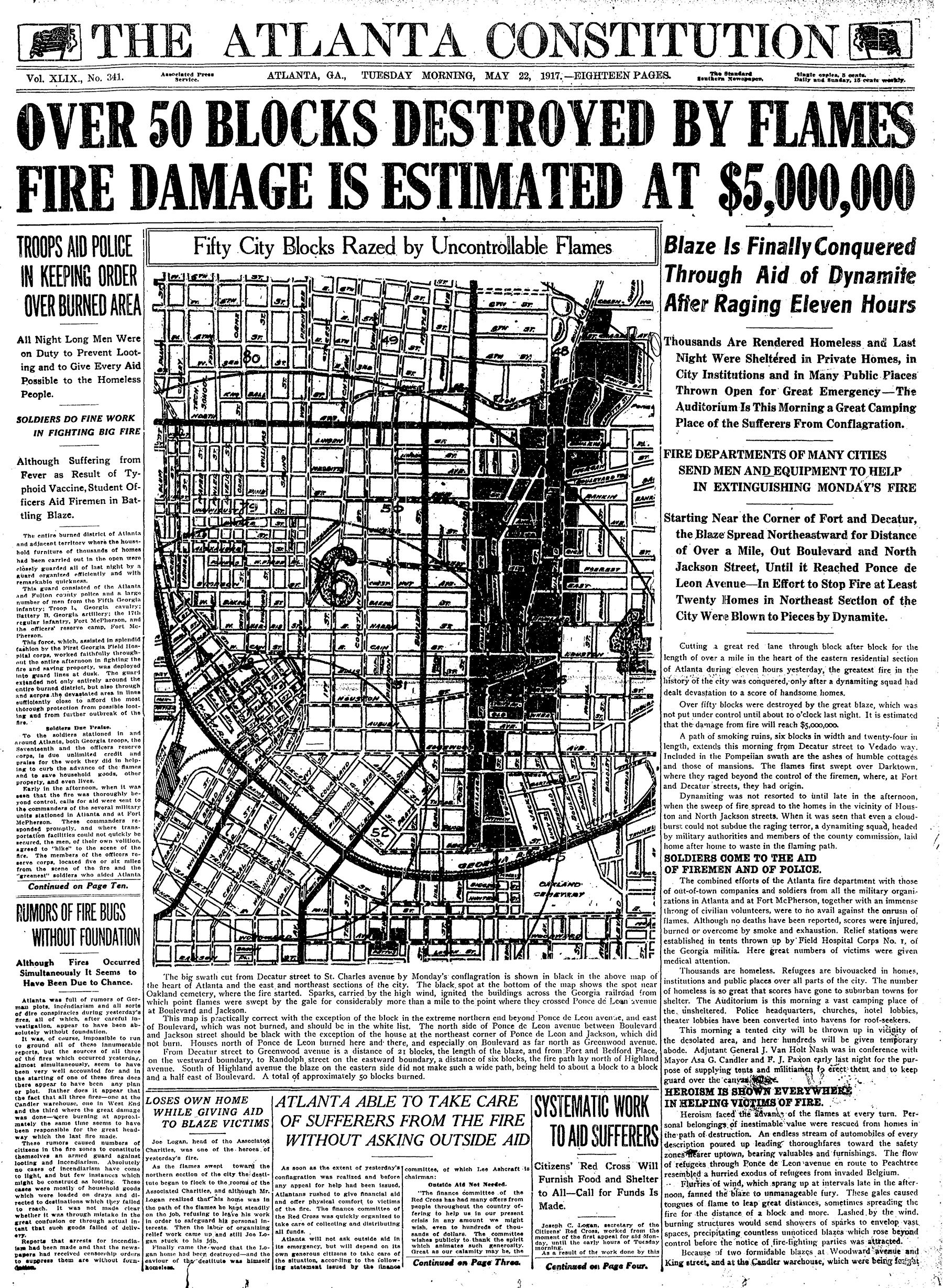 Atlanta Constitution front page: Great Fire of 1917