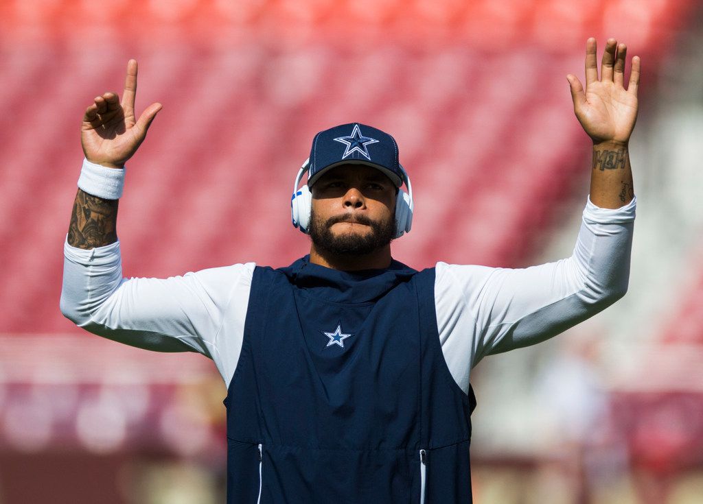 Dallas Cowboys quarterback Dak Prescott (4) warms up before an NFL football  game against the Los Angeles Chargers Sunday, Sept. 19, 2021, in Inglewood,  Calif. (AP Photo/Ashley Landis Stock Photo - Alamy