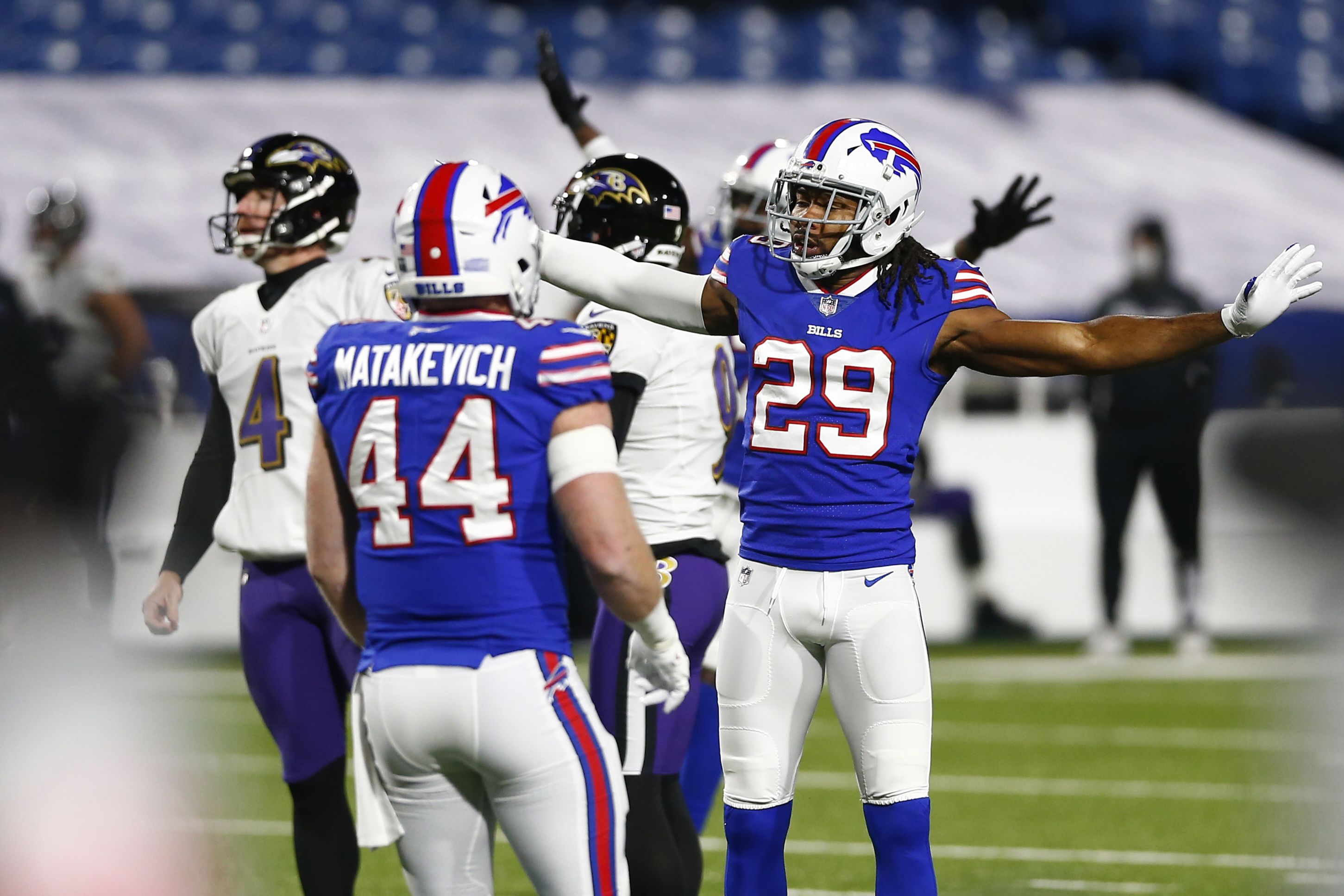 Buffalo Bills' Josh Norman (29) celebrates with fans after an NFL wild-card  playoff football game against the Indianapolis Colts Saturday, Jan. 9, 2021,  in Orchard Park, N.Y. The Bills won the game