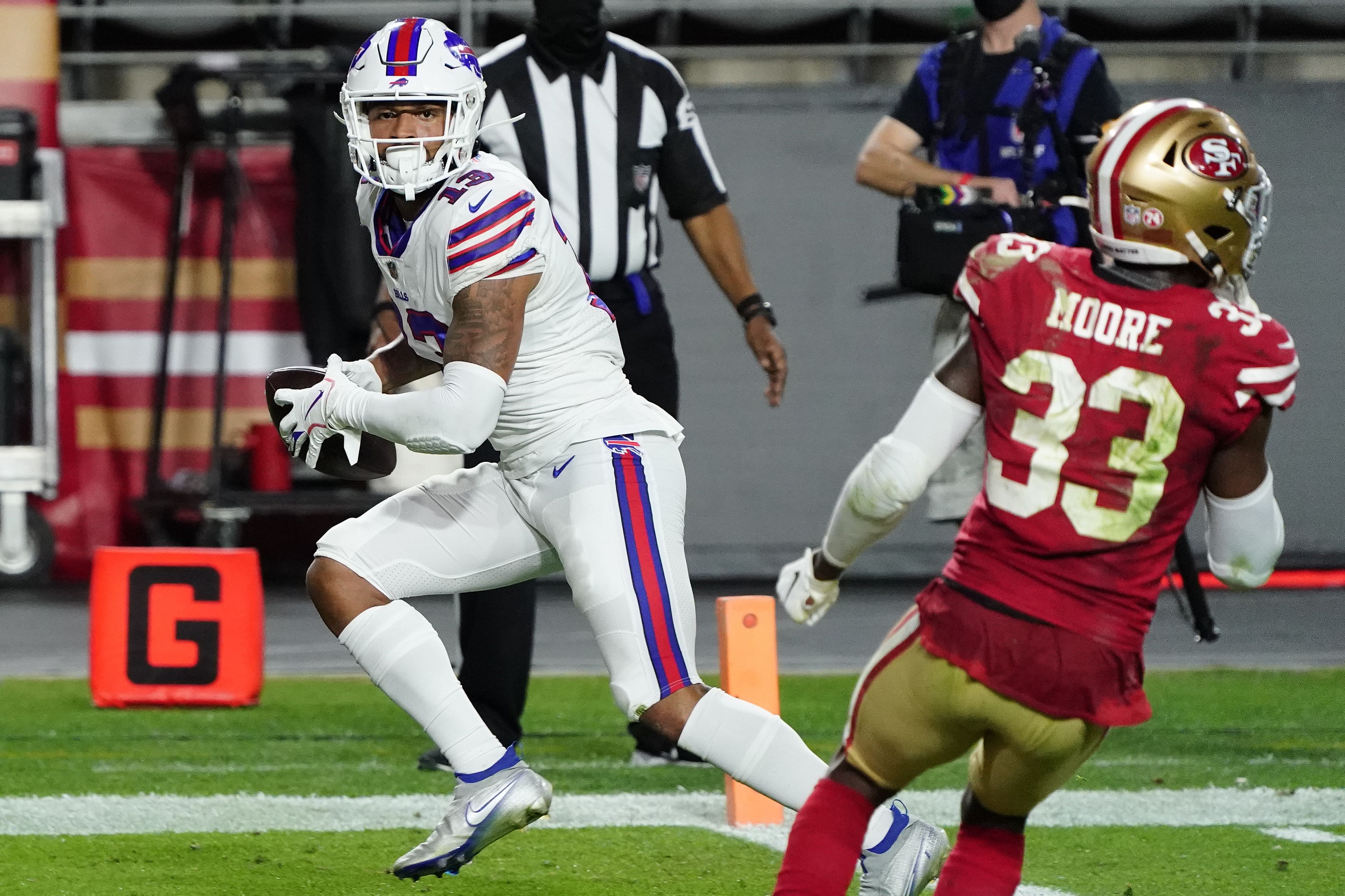 Buffalo Bills strong safety Micah Hyde, right, exchanges jersey's