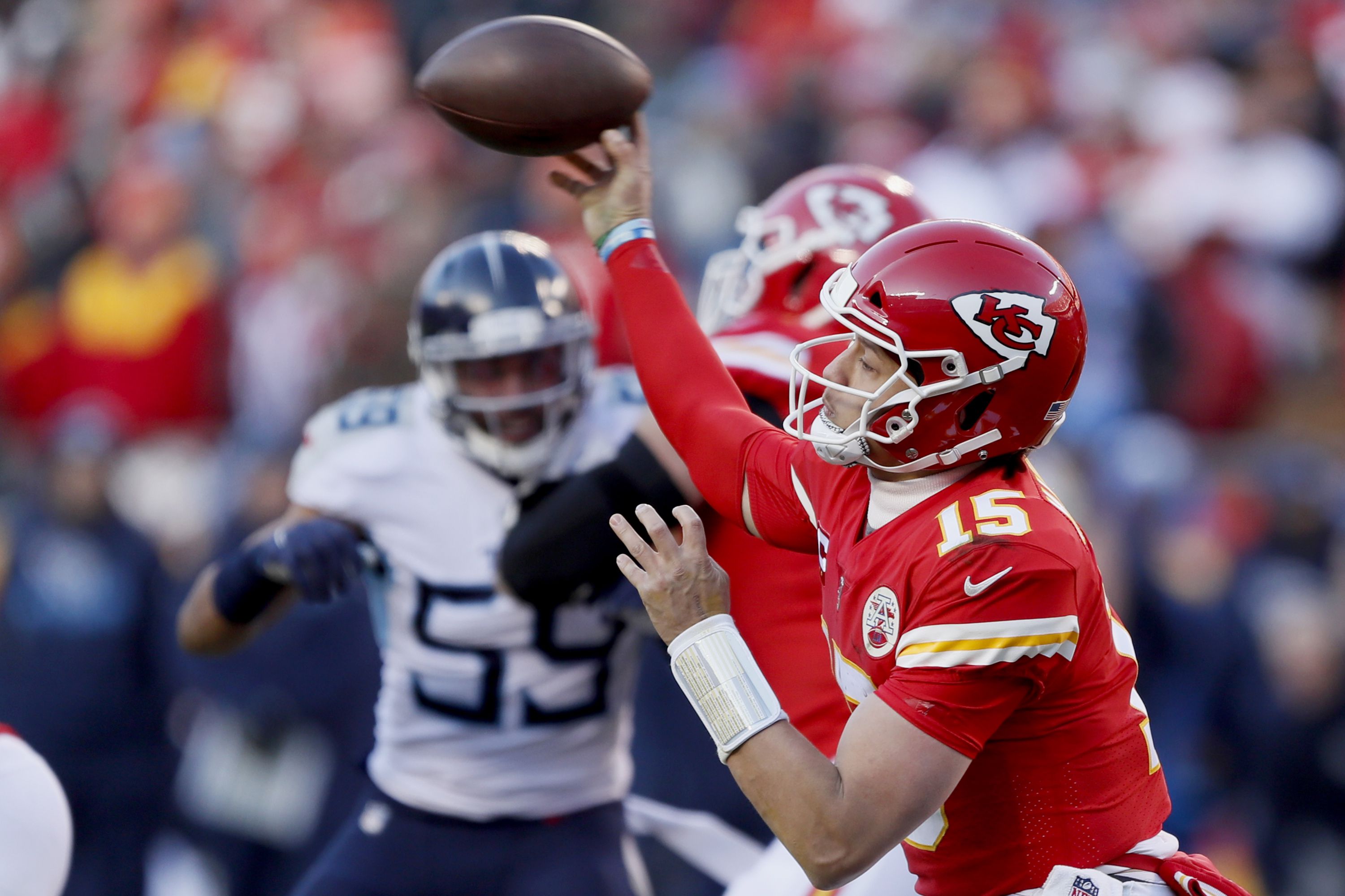 Kansas City Chiefs' Patrick Mahomes celebrates with the Lamar Hunt Trophy  after the NFL AFC Championship football game against the Tennessee Titans  Sunday, Jan. 19, 2020, in Kansas City, MO. The Chiefs