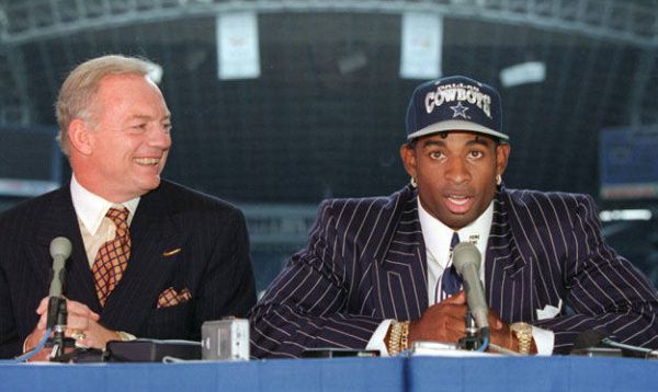 Deion Sanders and owner Jerry Jones of the Dallas Cowboys talk prior  News Photo - Getty Images