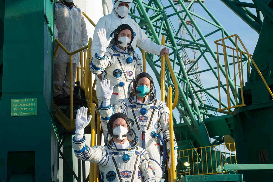 The International Space Station (ISS) crew members board the Soyuz MS-17 spacecraft for the launch at the Baikonur Cosmodrome