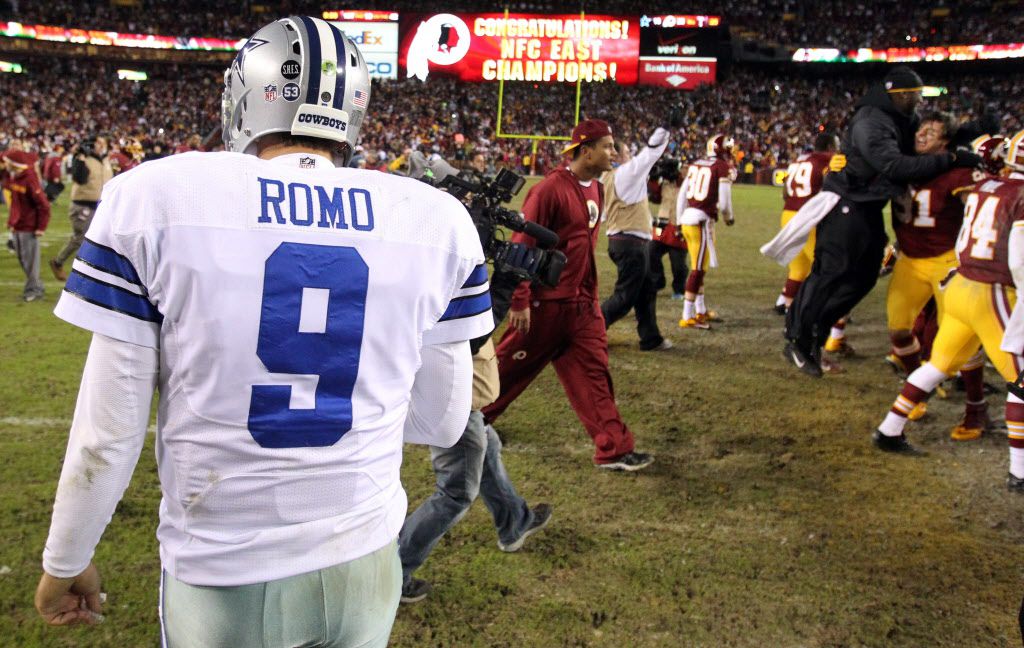 FedEx Field, Landover, Maryland. .Dallas Cowboys quarterback Tony Romo (9),  in game action during NFL prime-time Sunday night football between the  Dallas Cowboys and Washington Redskins. This being the last home game